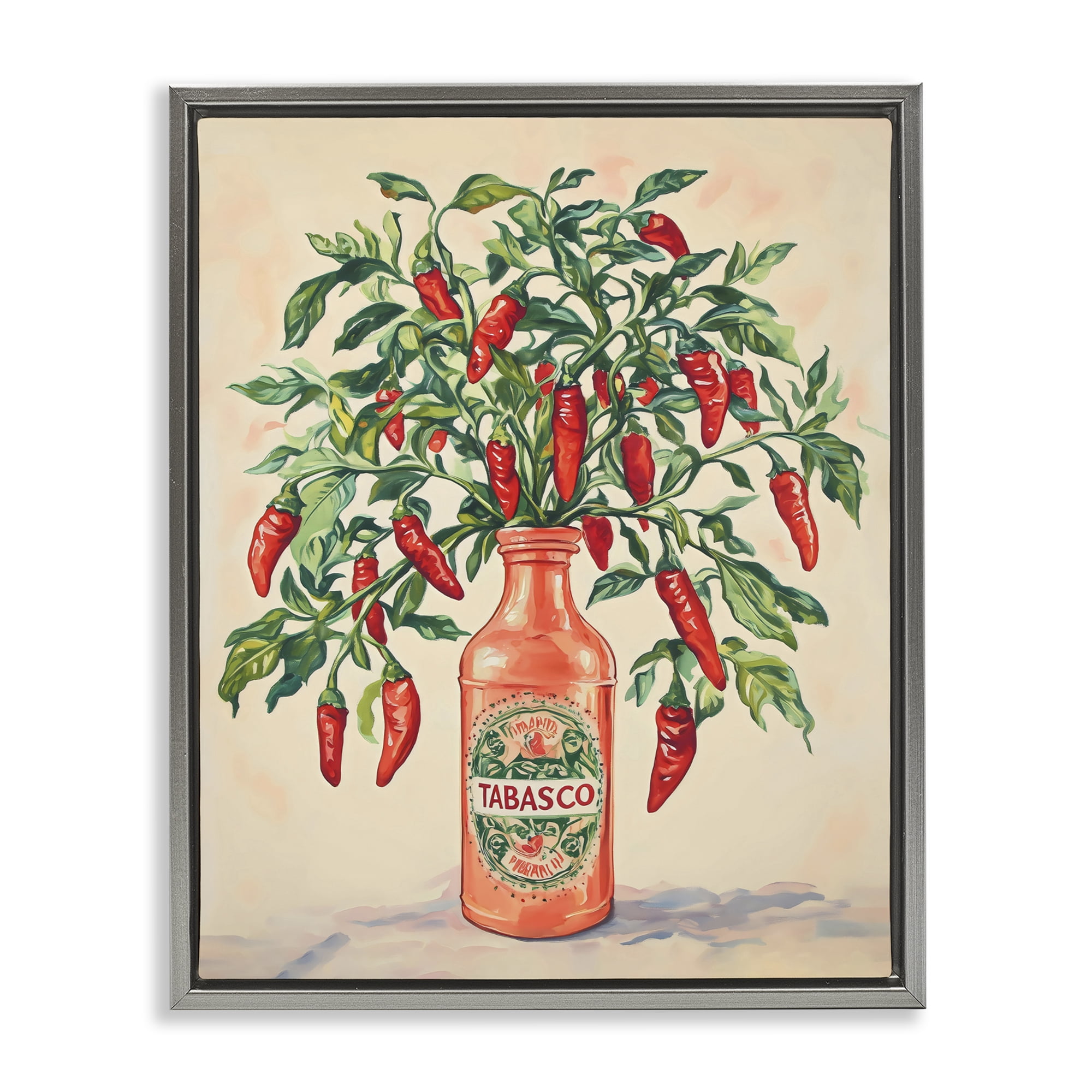 Stupell Industries Chili Peppers in Hot Sauce Vase Gray Framed Floater Canvas Wall Art, design by The Prints Vibe