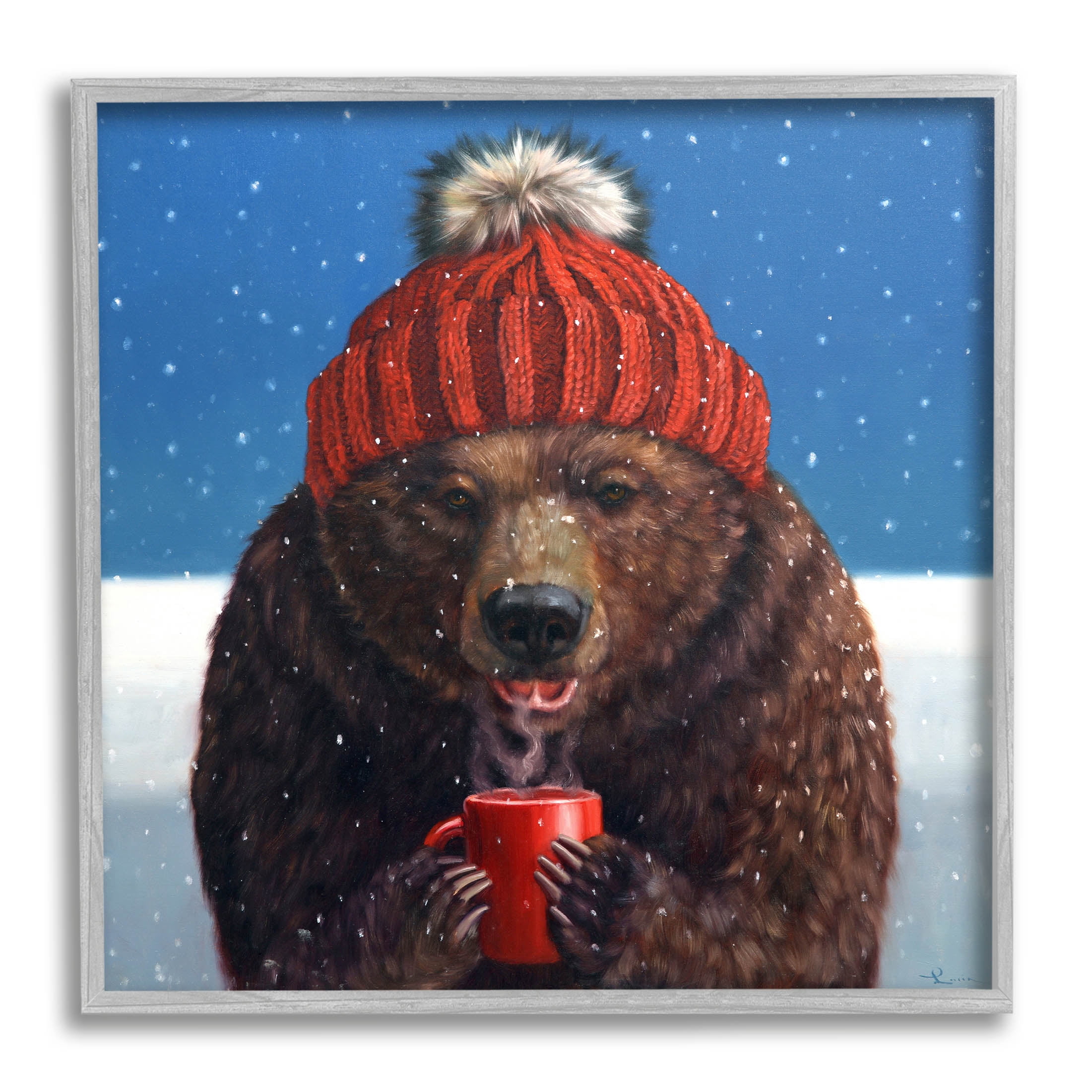 Stupell Industries Chilly Bear Hot Chocolate Snowfall Painting Gray Framed Art Print Wall Art, Design by Lucia Heffernan
