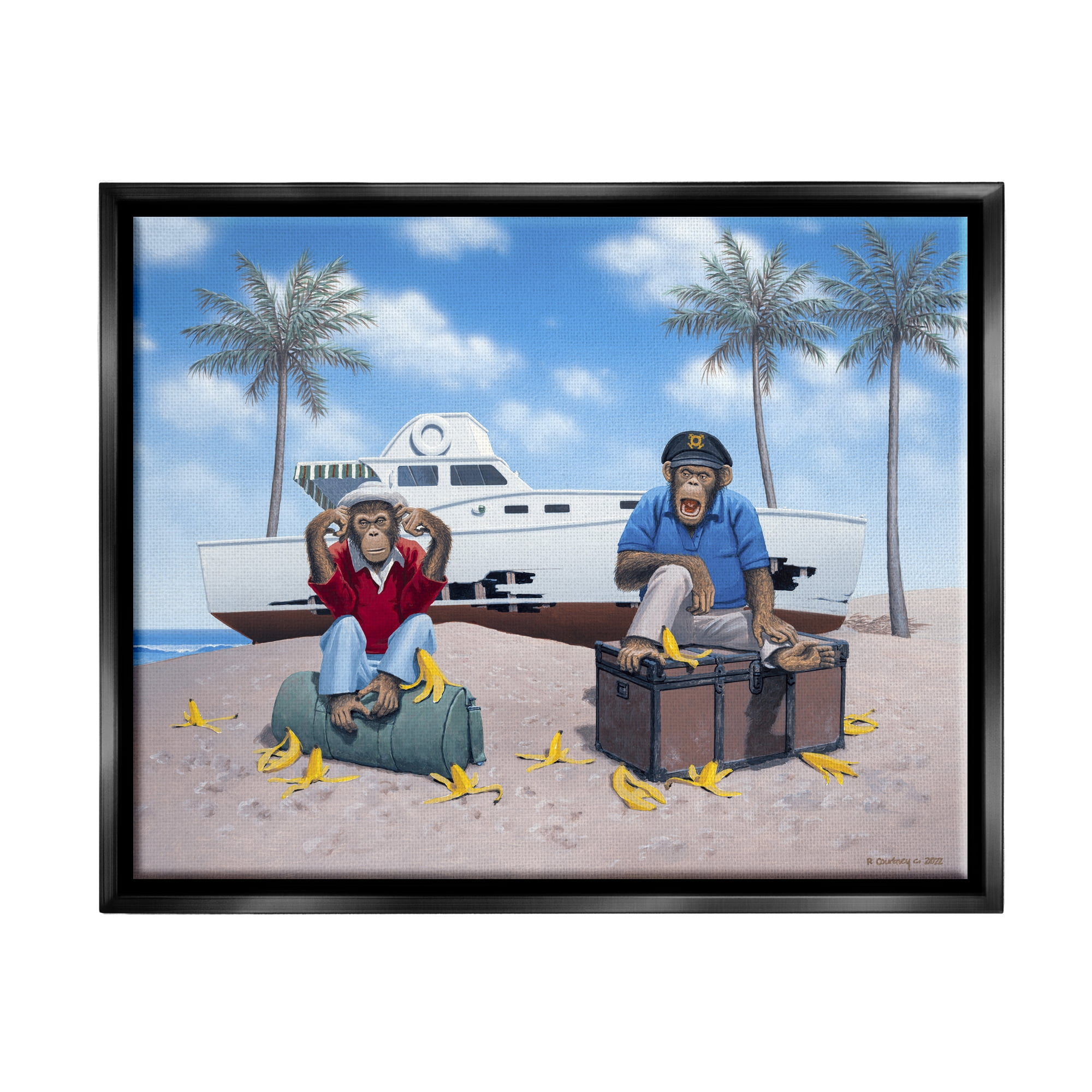 Stupell Industries Chimps & Yacht on Beach Animals & Insects Painting Black Floater Framed Art Print Wall Art, 31 x 25