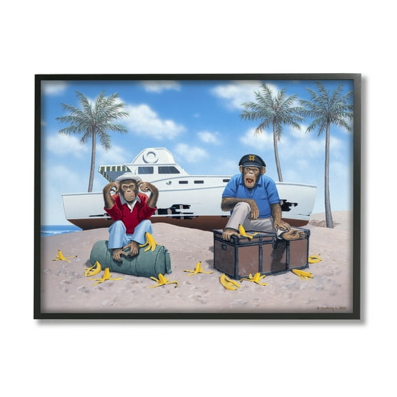 Stupell Industries Chimps & Yacht on Beach Animals & Insects Painting Black Framed Art Print Wall Art, 14 x 11