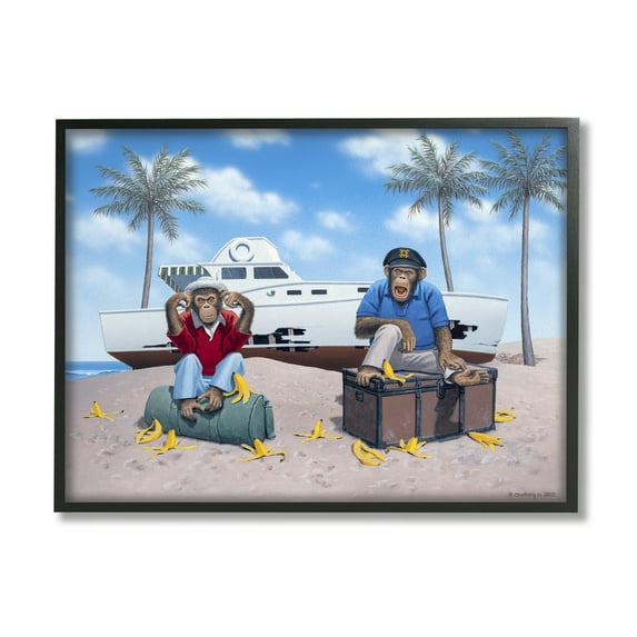 Stupell Industries Chimps & Yacht on Beach Animals & Insects Painting Black Framed Art Print Wall Art, 20 x 16
