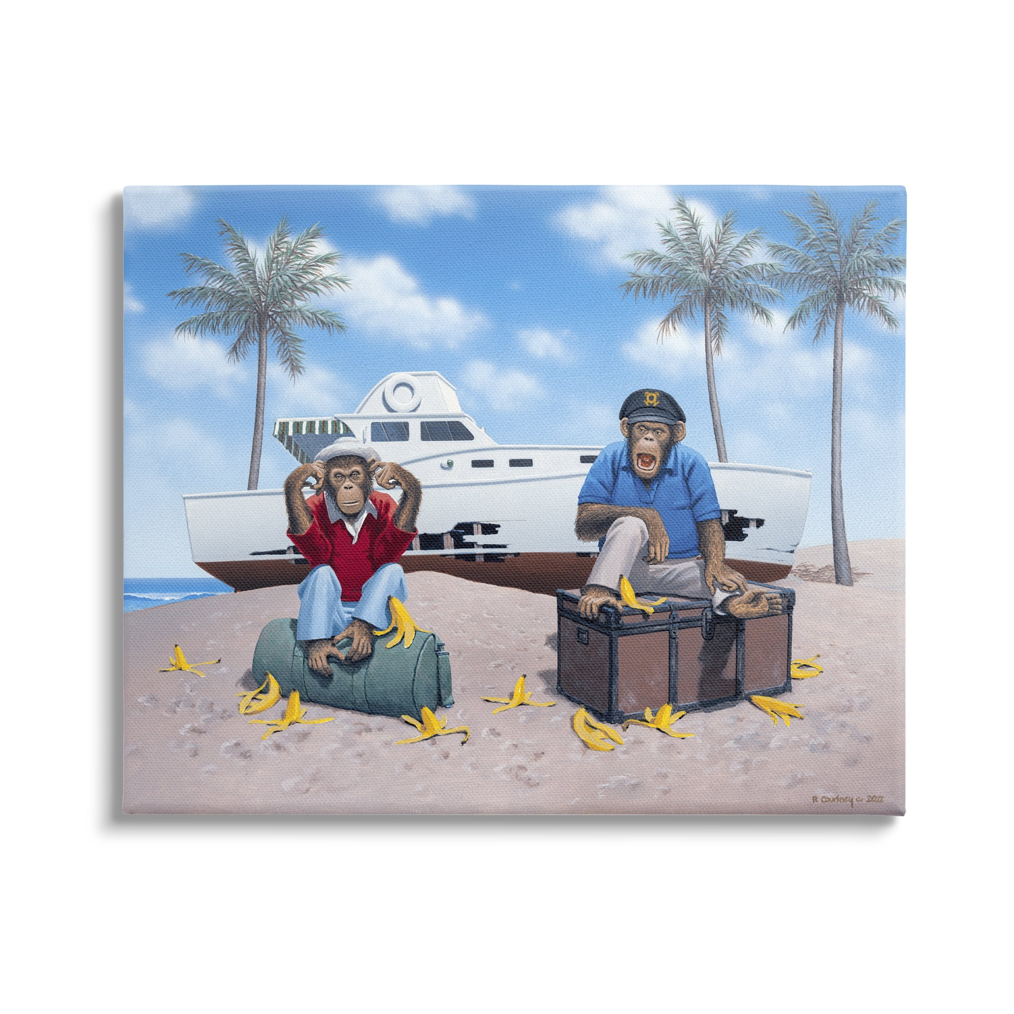 Stupell Industries Chimps & Yacht on Beach Animals & Insects Painting Gallery Wrapped Canvas Print Wall Art, 40 x 30