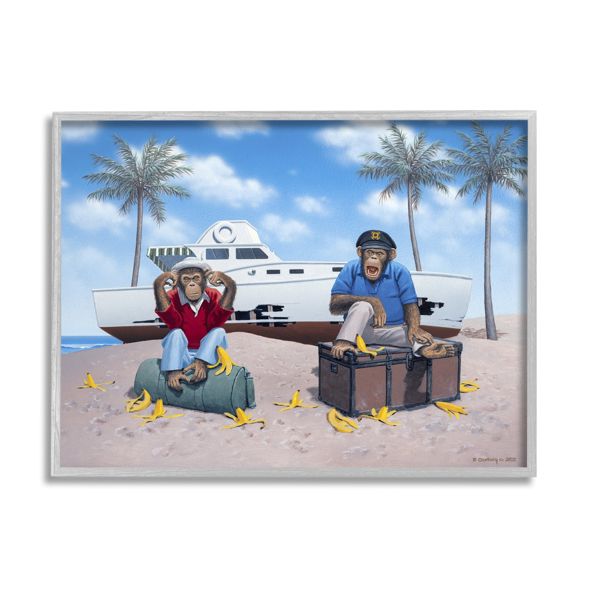 Stupell Industries Chimps & Yacht on Beach Animals & Insects Painting Gray Framed Art Print Wall Art, 20 x 16