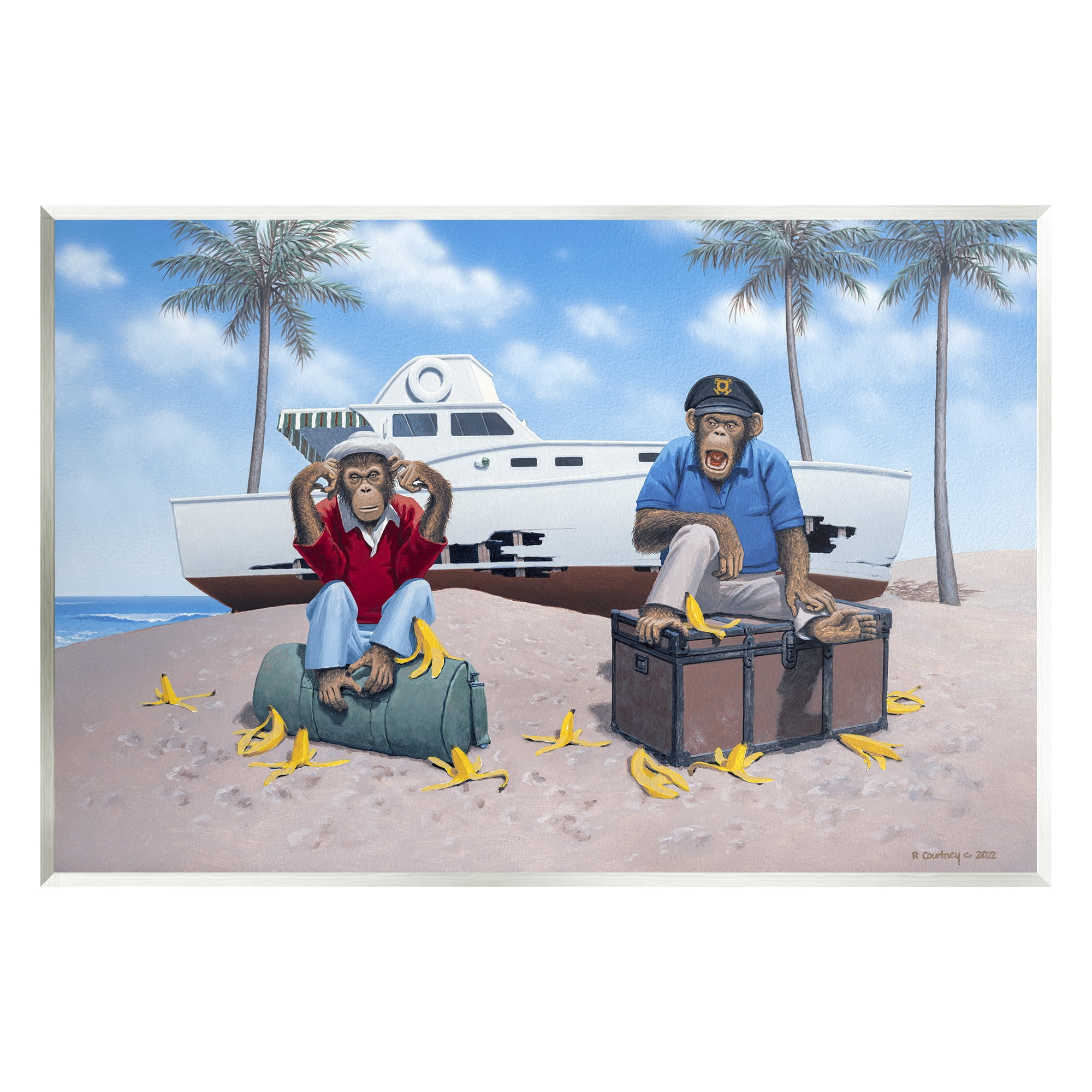 Stupell Industries Chimps & Yacht on Beach Animals & Insects Painting Unframed Art Print Wall Art, 19 x 13