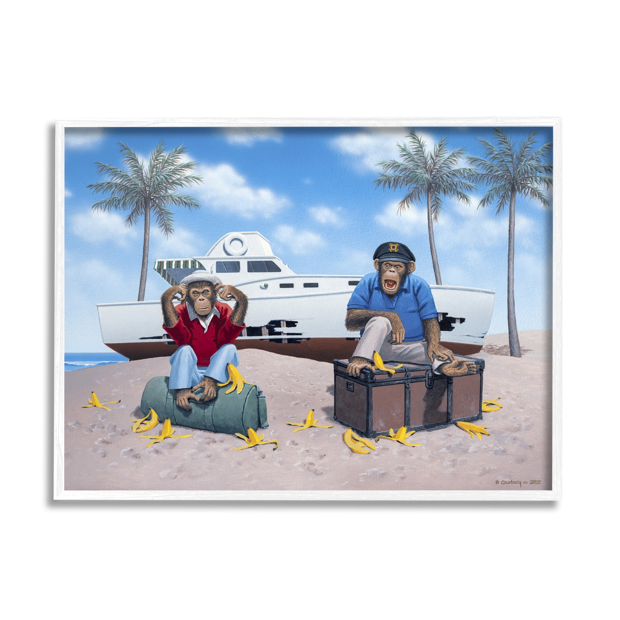Stupell Industries Chimps & Yacht on Beach Animals & Insects Painting White Framed Art Print Wall Art, 30 x 24
