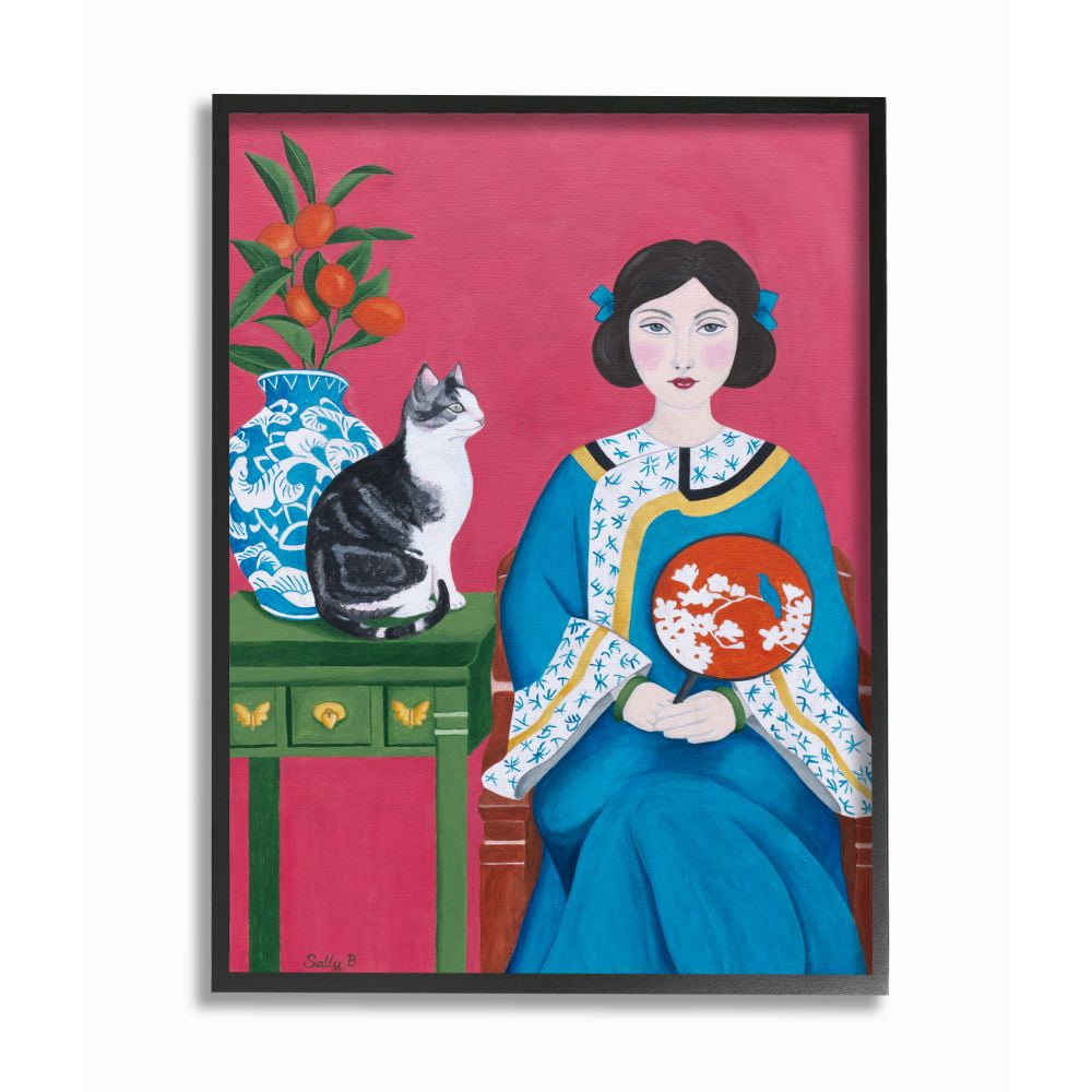 Stupell Industries Chinese Woman And Cat Red Green Blue Painting Black Framed Art Print Wall Art, 24x30, by Sally B