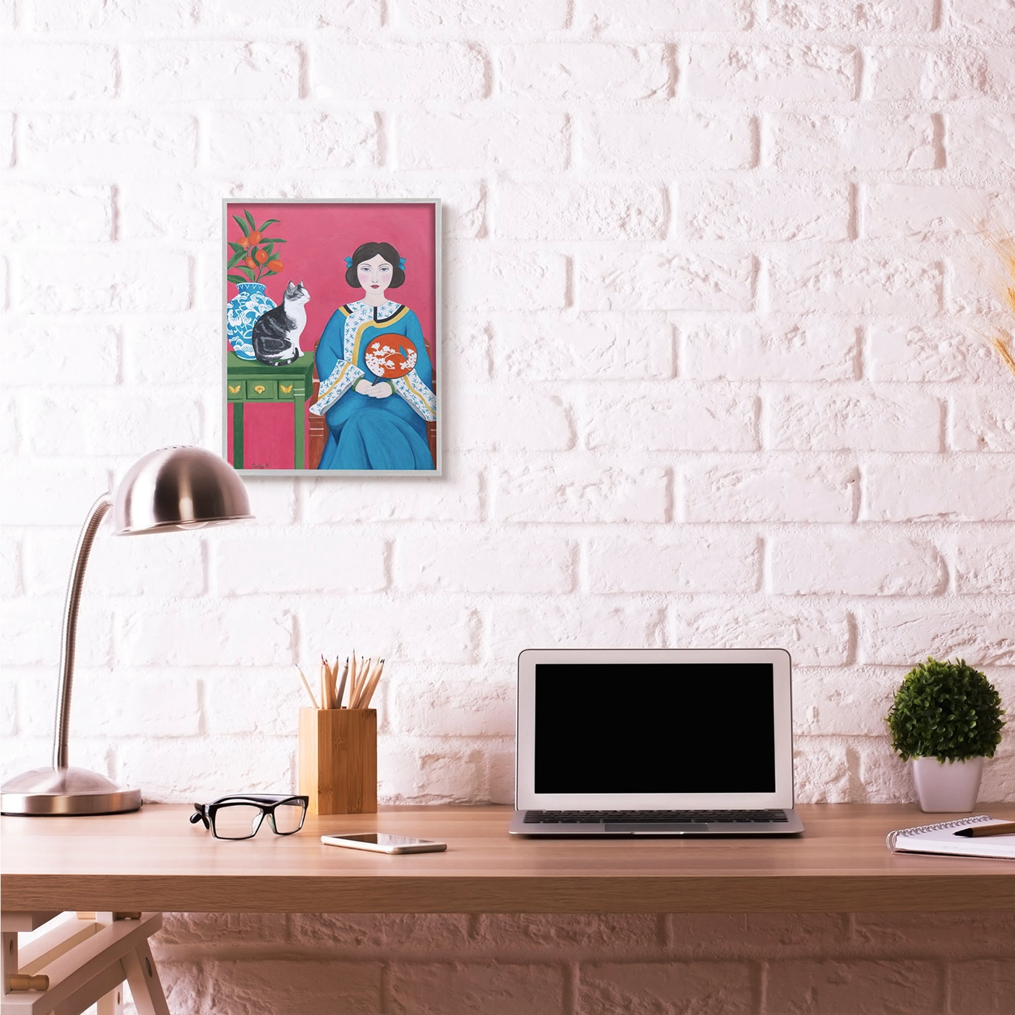 Stupell Industries Chinese Woman And Cat Red Green Blue Painting Gray Framed Art Print Wall Art, 16x20, by Sally B
