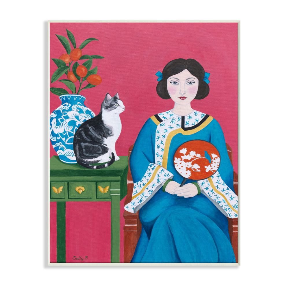 Stupell Industries Chinese Woman And Cat Red Green Blue Painting Wall Plaque by Sally B, 10" x 15", Wall Plaque