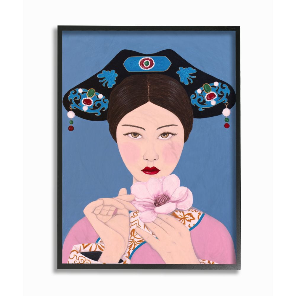 Stupell Industries Chinese Woman And Flower Pink Blue Painting Black Framed Art Print Wall Art, 11x14, by Sally B