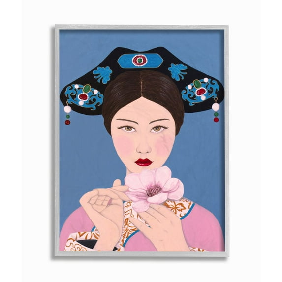 Stupell Industries Chinese Woman And Flower Pink Blue Painting Gray Framed Art Print Wall Art, 16x20, by Sally B