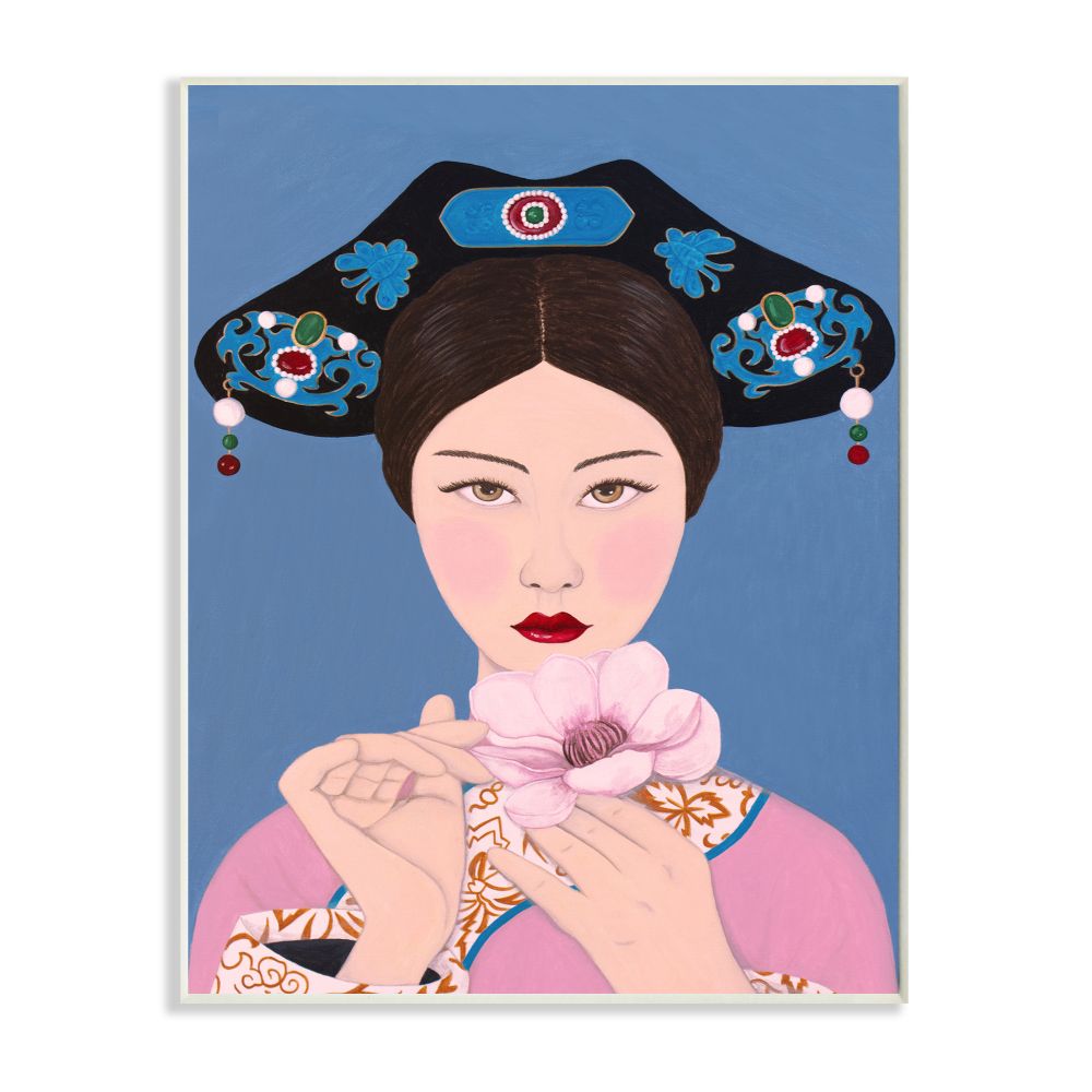 Stupell Industries Chinese Woman And Flower Pink Blue Painting Wall Plaque by Sally B