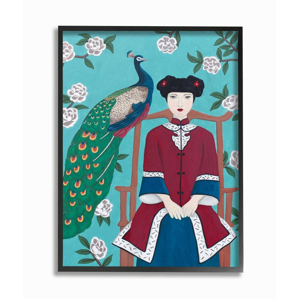 Stupell Industries Chinese Woman And Peacock Flower Pattern Blue Red Painting Black Framed Art Print Wall Art, 11x14, by Sally B