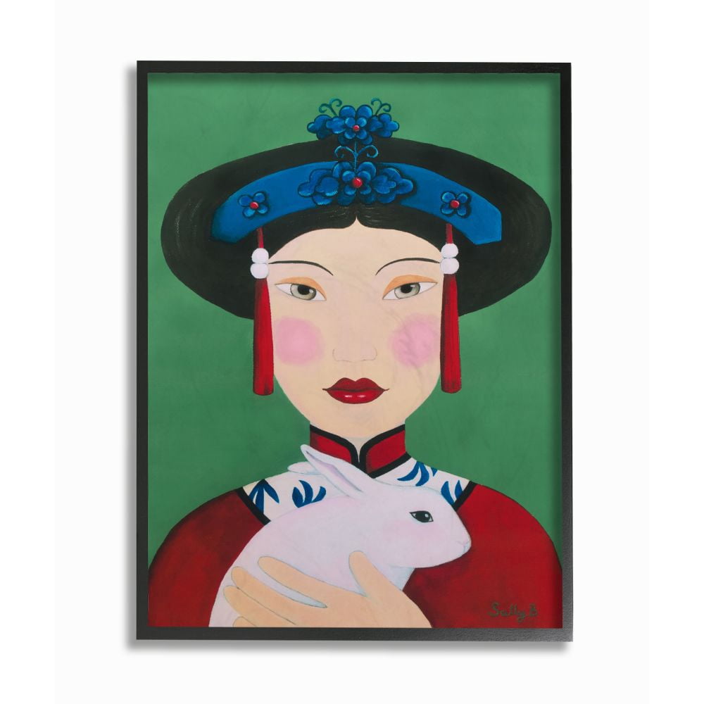 Stupell Industries Chinese Woman And Rabbit Green Red Painting Black Framed Art Print Wall Art, 11x14, by Sally B
