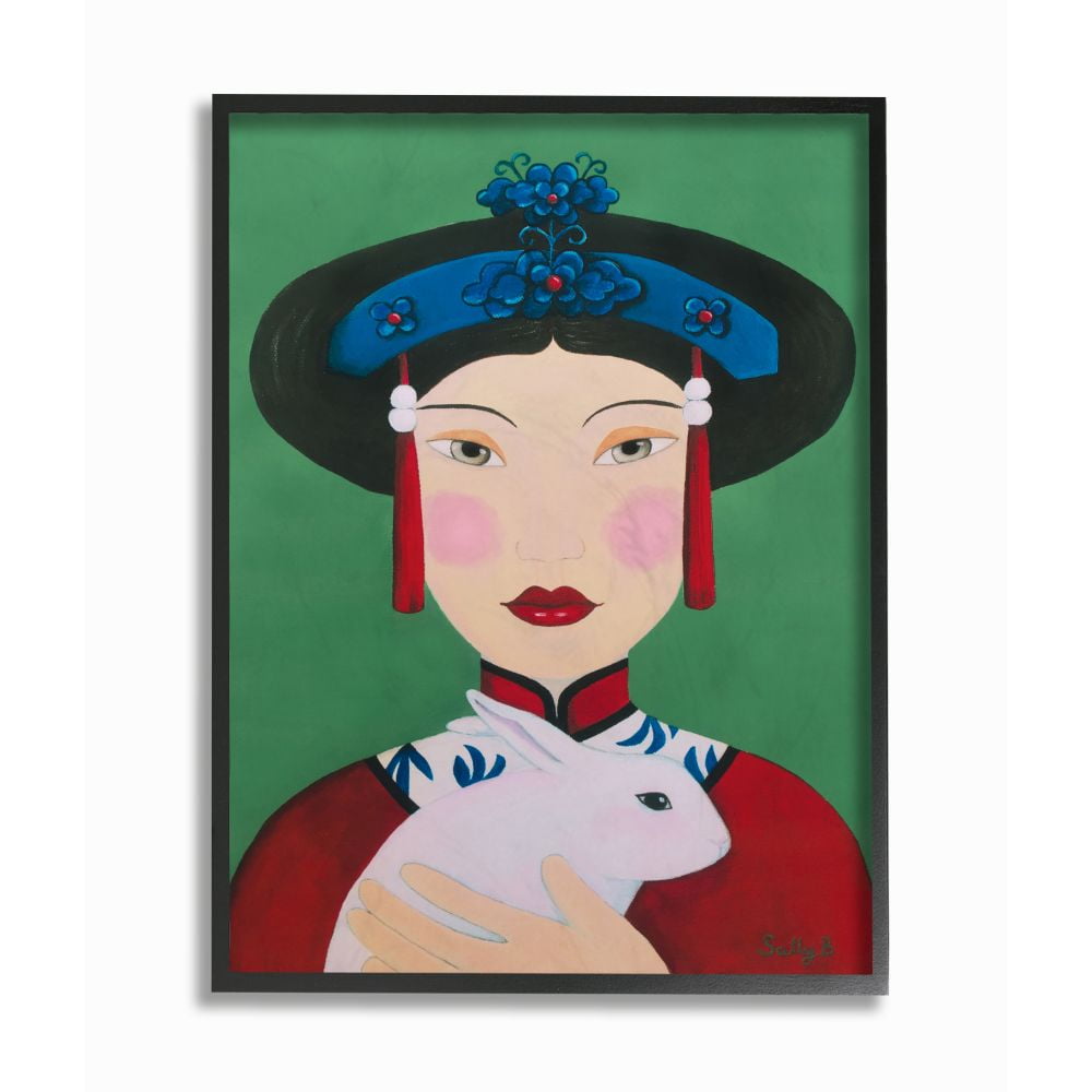 Stupell Industries Chinese Woman And Rabbit Green Red Painting Framed Wall Art by Sally B, 16" x 20", Black Framed
