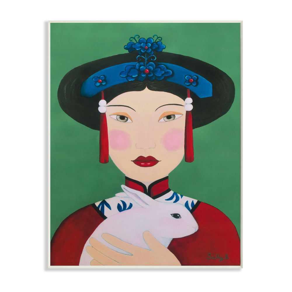 Stupell Industries Chinese Woman And Rabbit Green Red Painting Wall Plaque by Sally B, 10" x 15", Wall Plaque