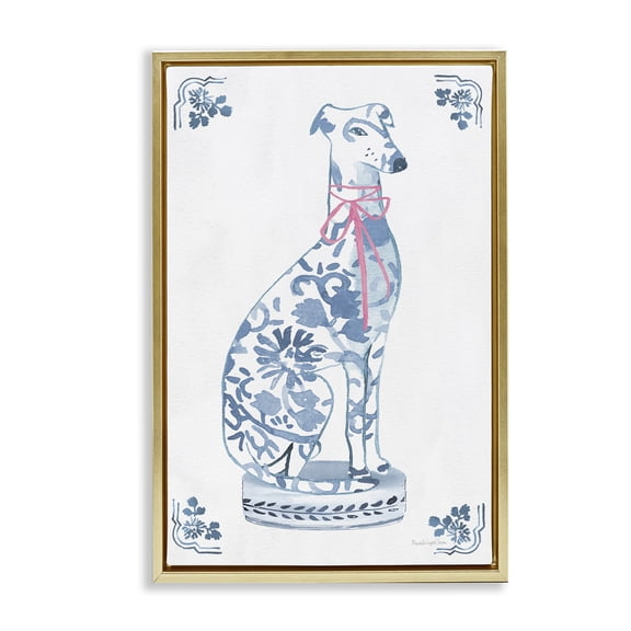 Stupell Industries Chinoiserie Dog Statue Gold Framed Floater Canvas Wall Art design by Mercedes Lopez Charro, 31 x 21