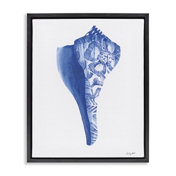 Stupell Industries Chinoiserie Patterned Seashell Black Framed Floater Canvas Wall Art design by Courtney Prahl, 21 x 17