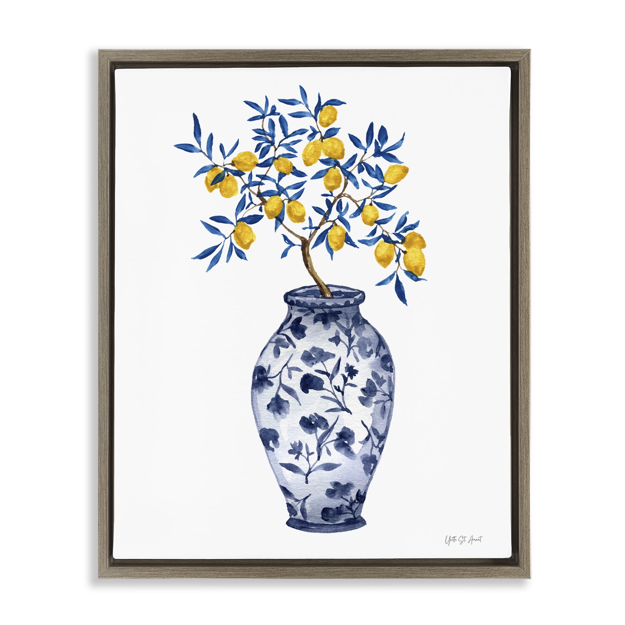 Stupell Industries Chinoiserie Vase Lemons Food & Beverage Painting Brown Floater Framed Canvas Art Print Wall Art, 17 x 21