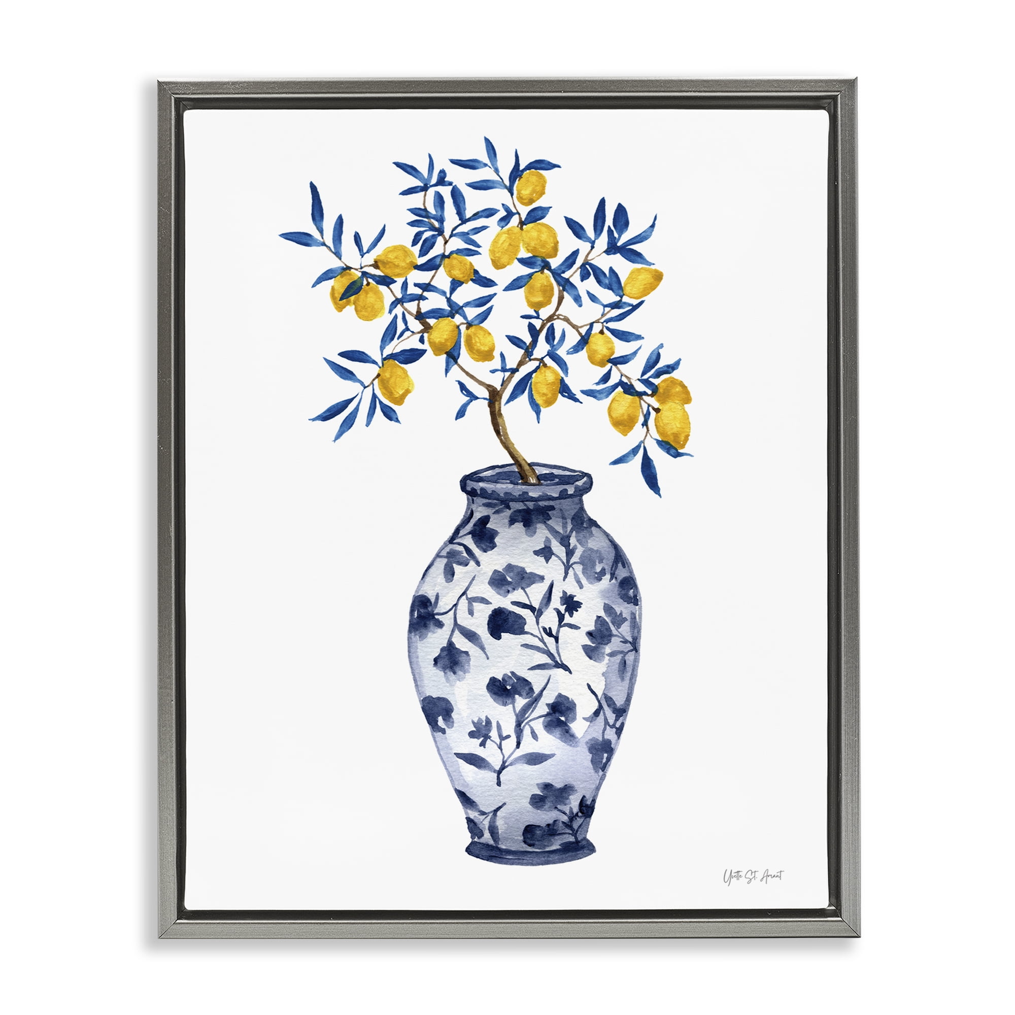 Stupell Industries Chinoiserie Vase Lemons Food & Beverage Painting Gray Floater Framed Canvas Art Print Wall Art, 25 x 31