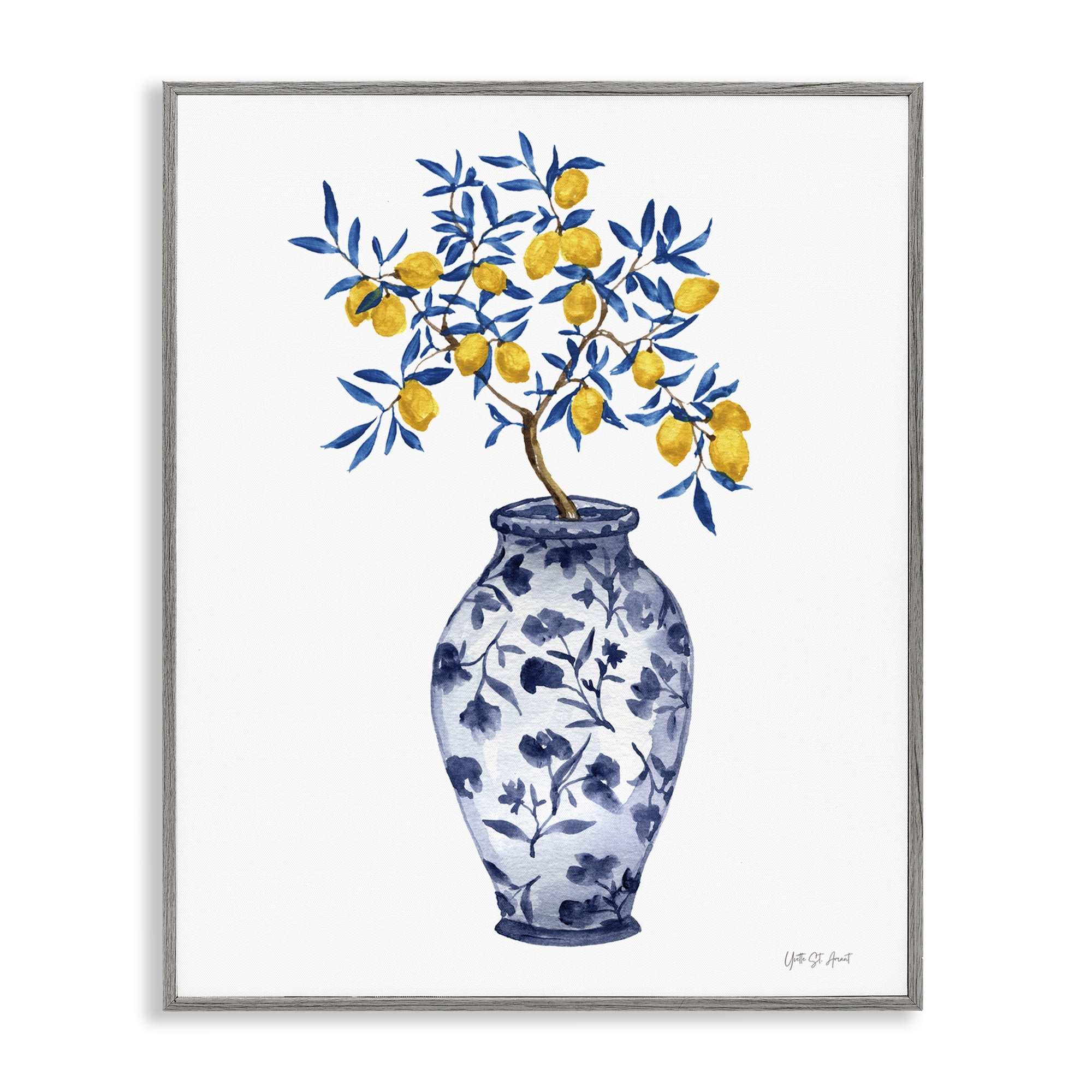 Stupell Industries Chinoiserie Vase Lemons Food & Beverage Painting Gray Framed Art Print Wall Art, 24 x 30