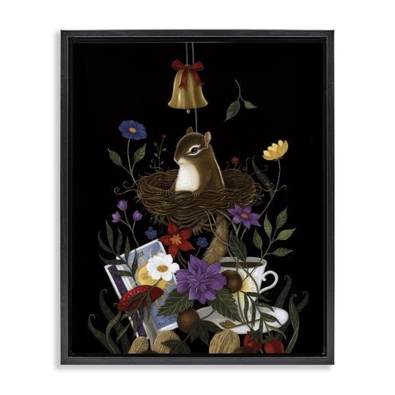 Stupell Industries Chipmunk & Collected Trinkets Animals Painting Black Floater Framed Canvas Art Print Wall Art, 25 x 31