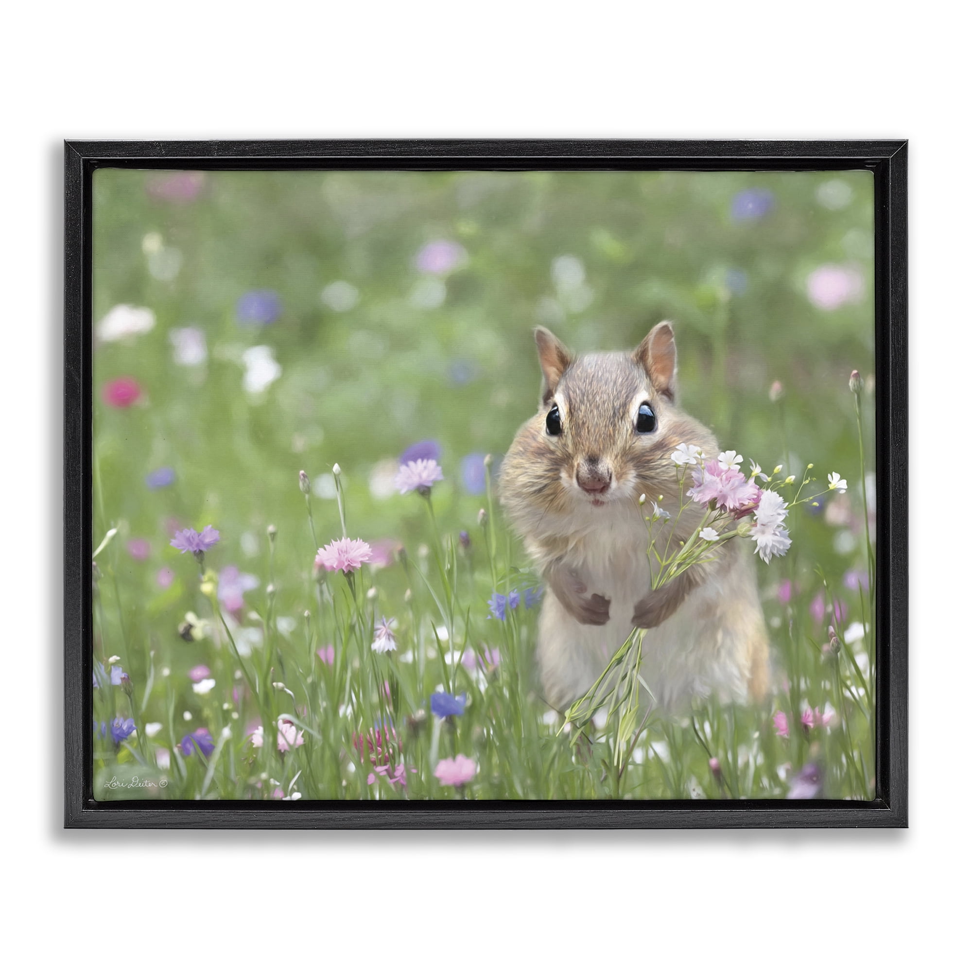Stupell Industries Chipmunk Picking Flowers Animals & Insects Painting Black Floater Framed Canvas Art Print Wall Art, 31 x 25