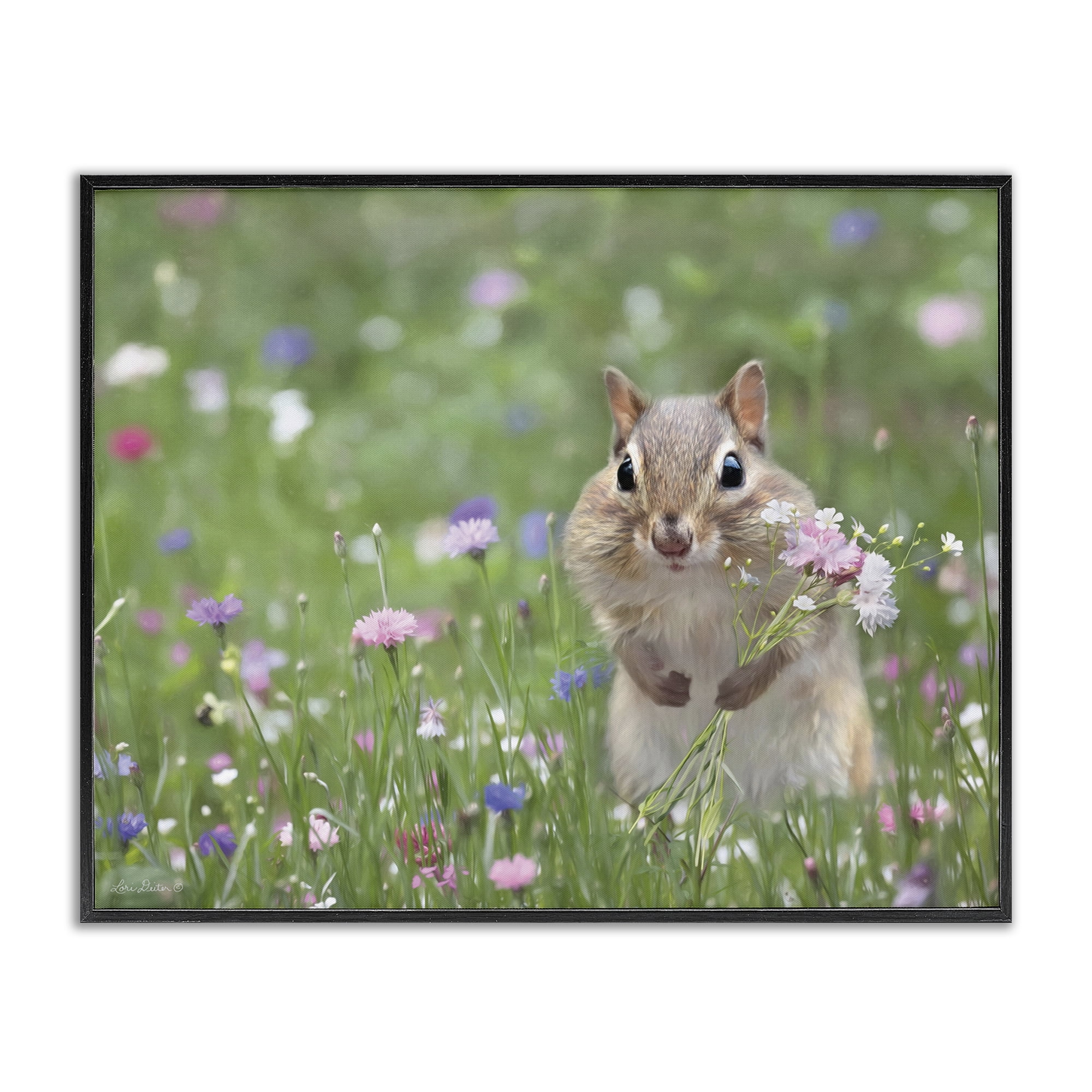 Stupell Industries Chipmunk Picking Flowers Animals & Insects Painting Black Framed Art Print Wall Art, 30 x 24