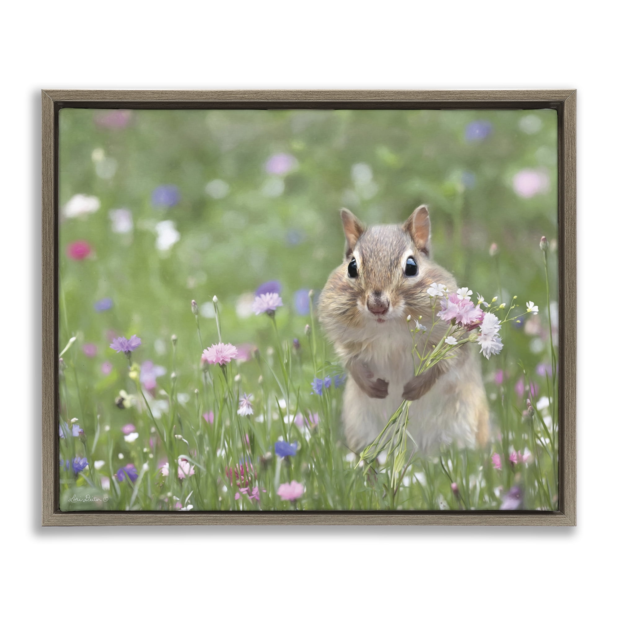 Stupell Industries Chipmunk Picking Flowers Animals & Insects Painting Brown Floater Framed Canvas Art Print Wall Art, 21 x 17