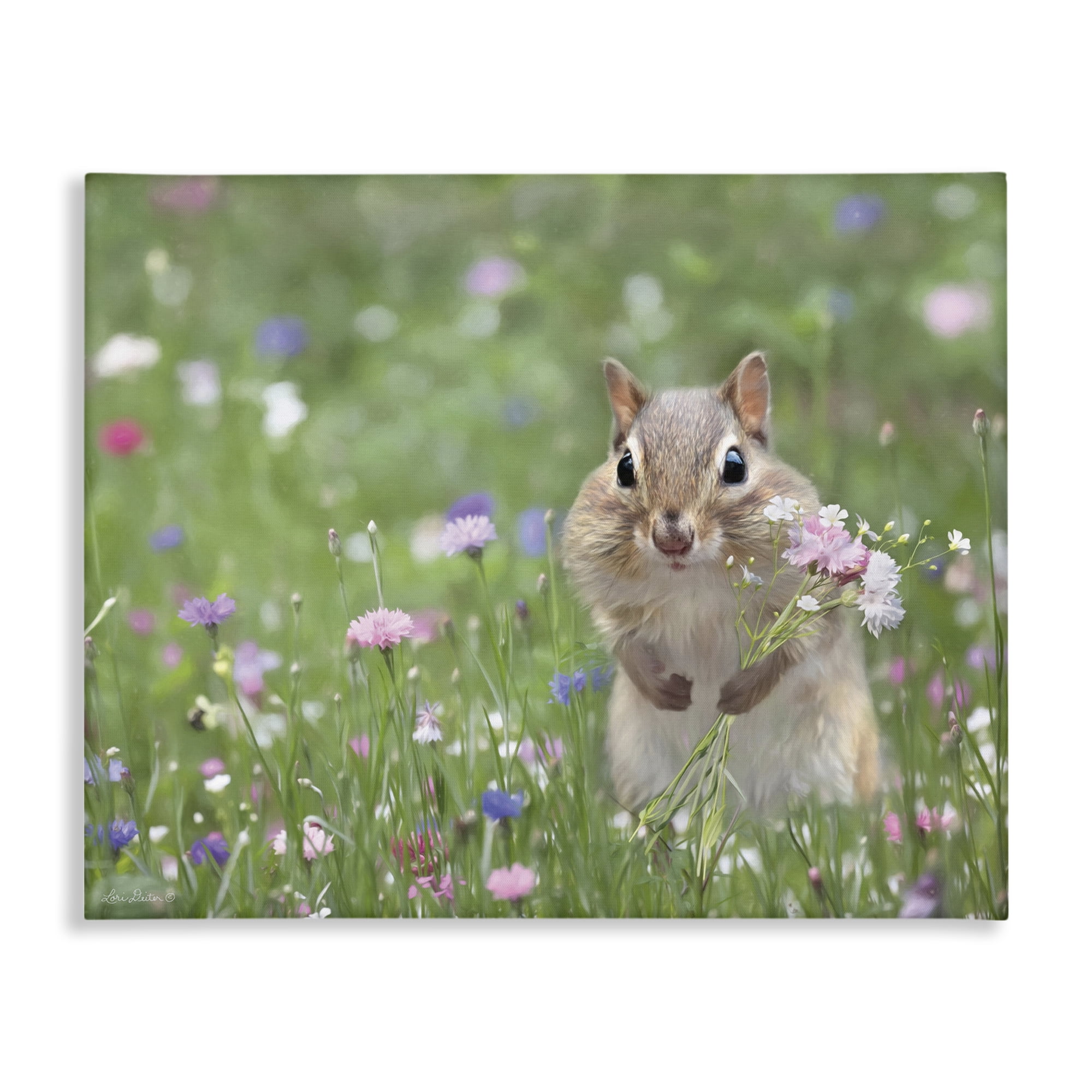 Chipmunk Holding Flowers in Meadow Canvas Wall Art, 20 x 16