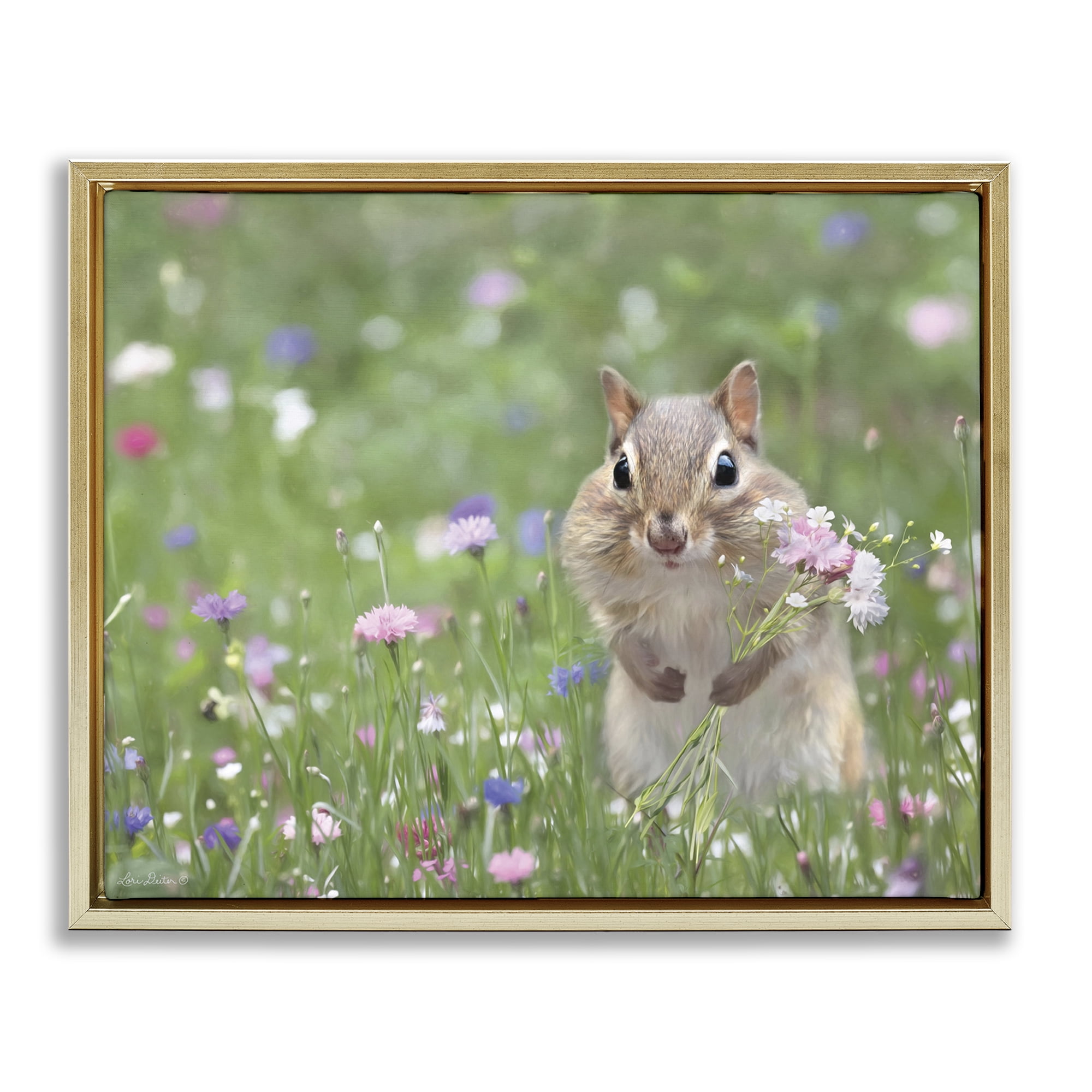 Stupell Industries Chipmunk Picking Flowers Animals & Insects Painting Gold Floater Framed Canvas Art Print Wall Art, 31 x 25