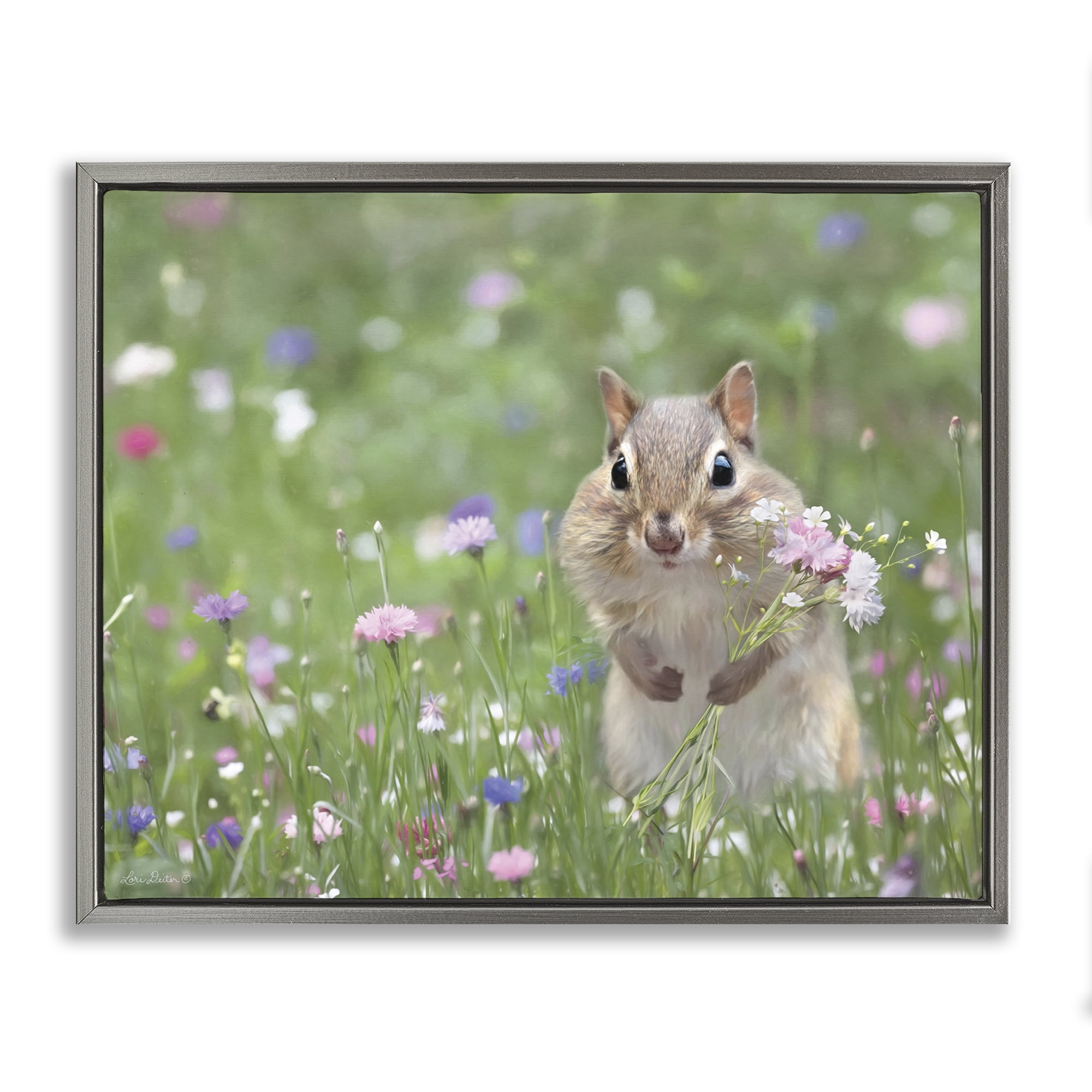 Stupell Industries Chipmunk Picking Flowers Animals & Insects Painting Gray Floater Framed Canvas Art Print Wall Art, 31 x 25
