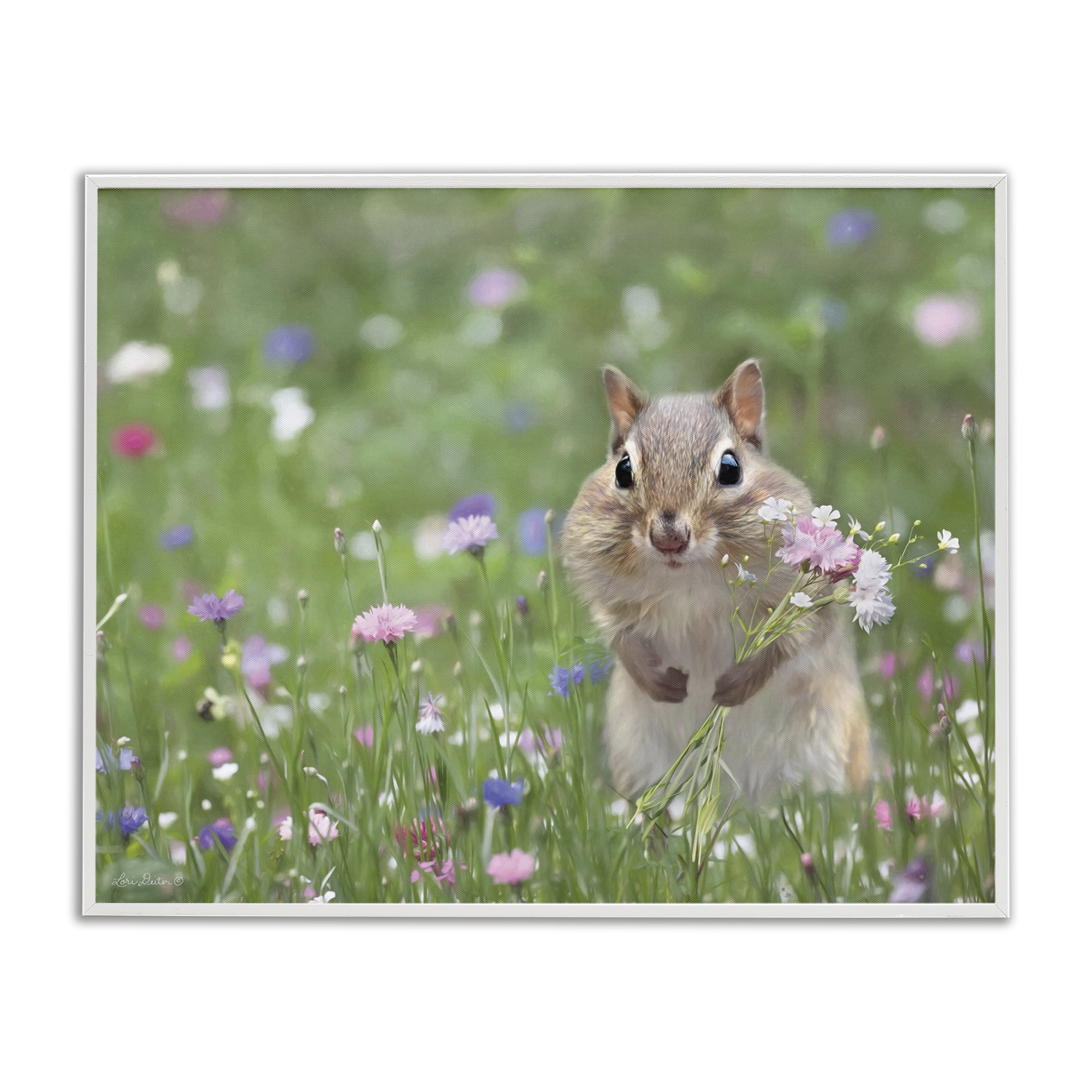 Stupell Industries Chipmunk Picking Flowers Animals & Insects Painting White Framed Art Print Wall Art, 14 x 11