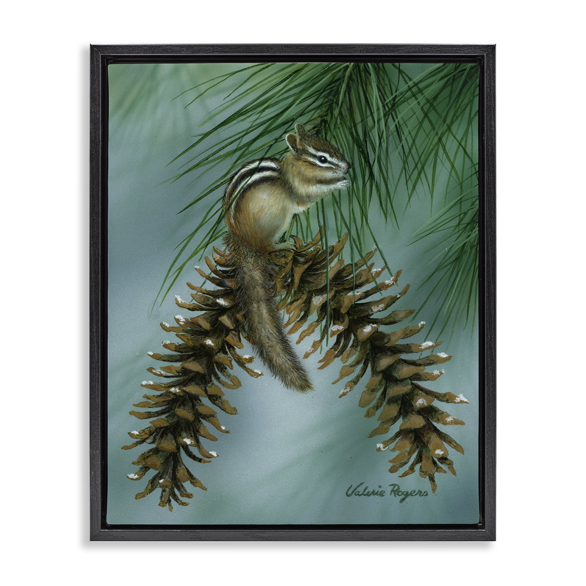 Stupell Industries Chipmunk Pine Cone Perch Animals Painting Black Floater Framed Canvas Art Print Wall Art, 17 x 21