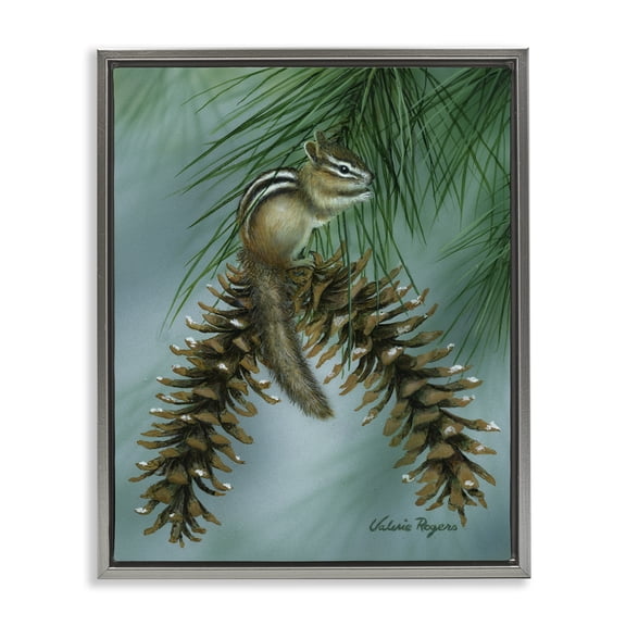 Stupell Industries Chipmunk Pine Cone Perch Animals Painting Gray Floater Framed Canvas Art Print Wall Art, 17 x 21
