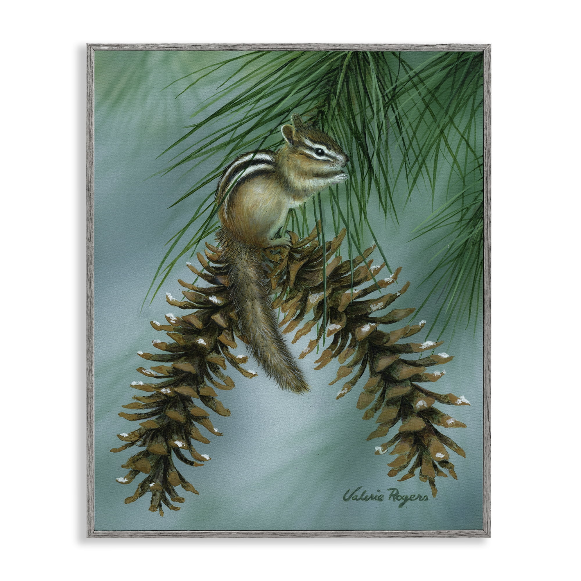 Stupell Industries Chipmunk Pine Cone Perch Animals Painting Gray Framed Art Print Wall Art, 11 x 14