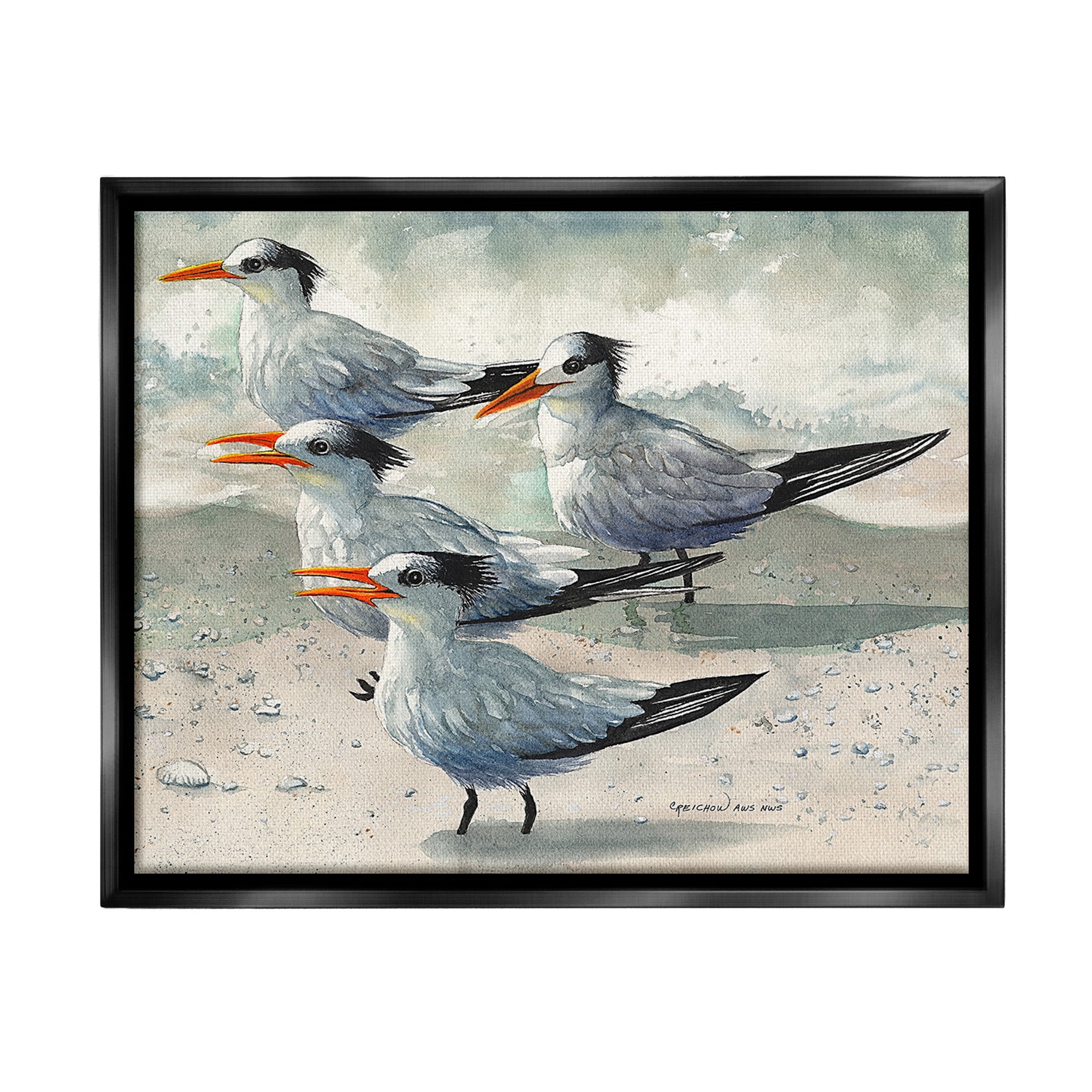 Stupell Industries Chirping Beach Birds Animals & Insects Painting Black Floater Framed Canvas Art Print Wall Art, 21 x 17