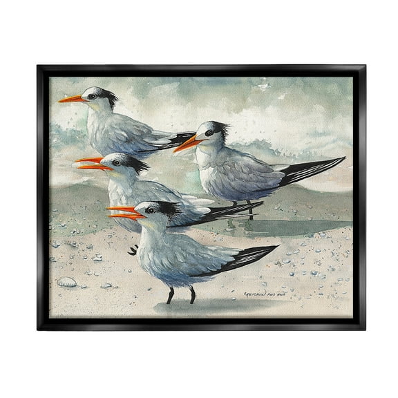 Stupell Industries Chirping Beach Birds Animals & Insects Painting Black Floater Framed Canvas Art Print Wall Art, 21 x 17