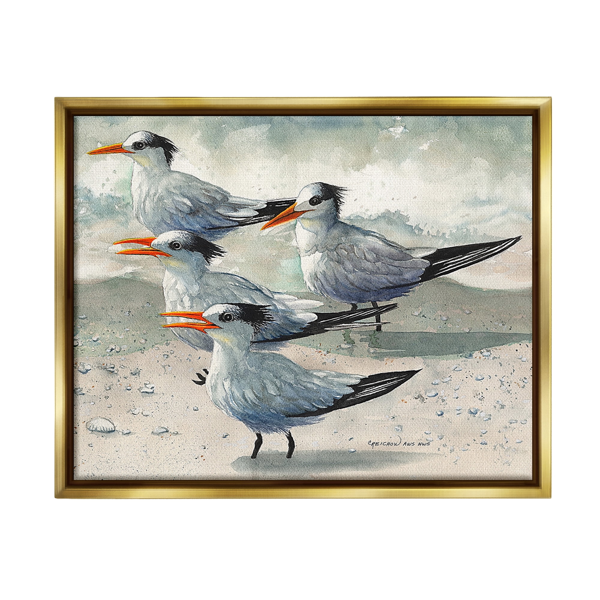 Stupell Industries Chirping Beach Birds Animals & Insects Painting Gold Floater Framed Canvas Art Print Wall Art, 21 x 17