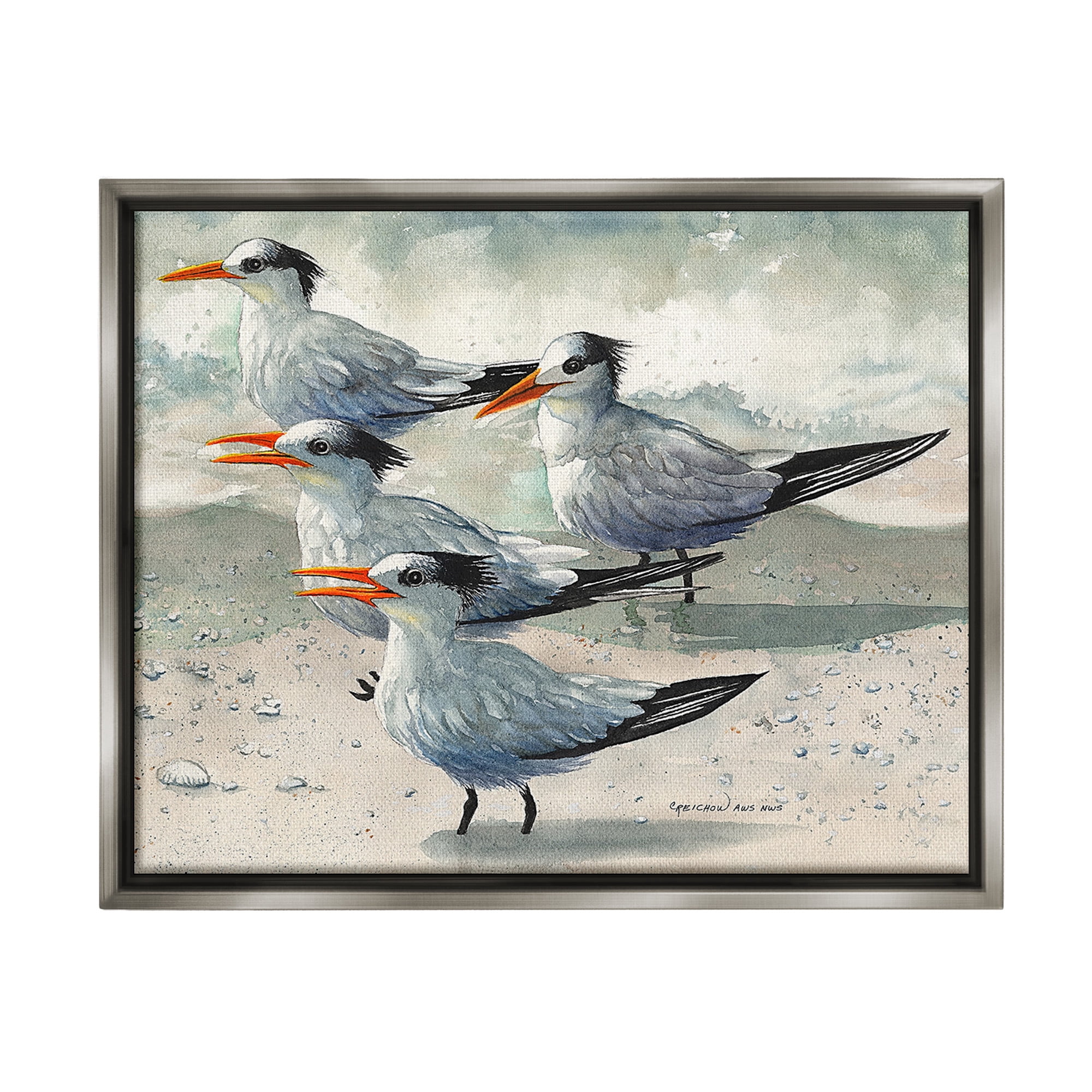 Stupell Industries Chirping Beach Birds Animals & Insects Painting Gray Floater Framed Canvas Art Print Wall Art, 21 x 17