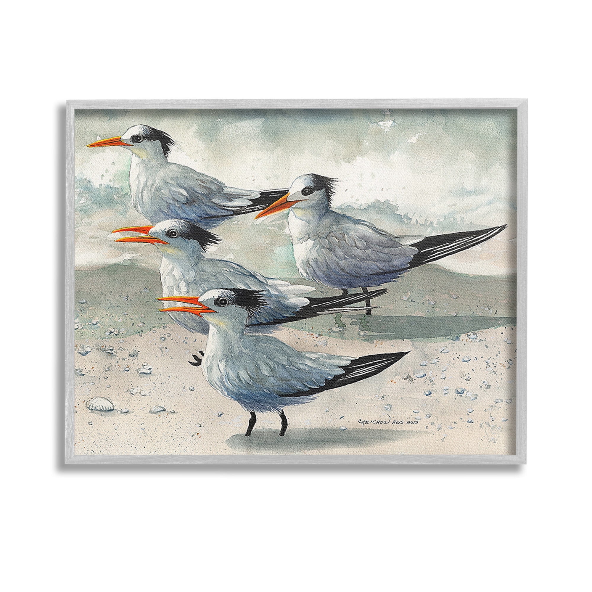 Stupell Industries Chirping Beach Birds Animals & Insects Painting Gray Framed Art Print Wall Art, 14 x 11