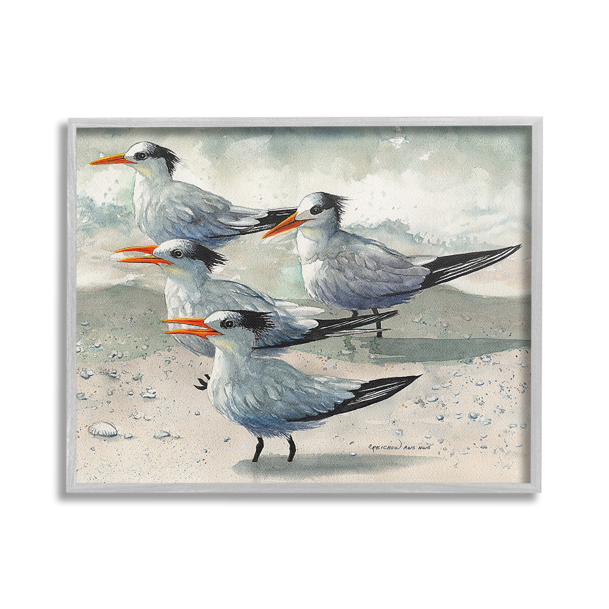 Stupell Industries Chirping Beach Birds Animals & Insects Painting Gray Framed Art Print Wall Art, 30 x 24