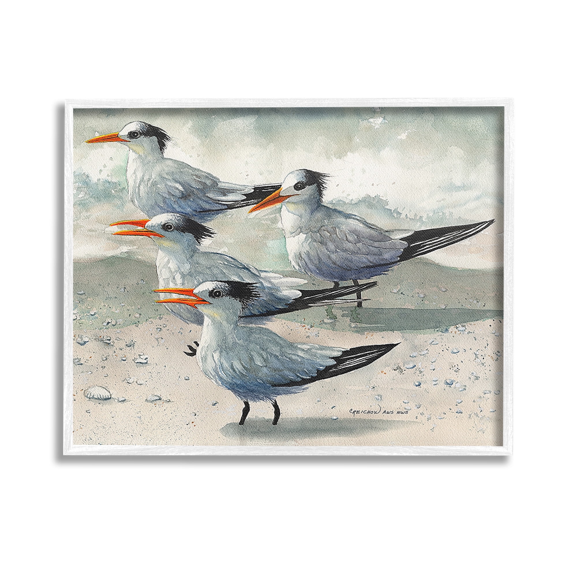 Stupell Industries Chirping Beach Birds Animals & Insects Painting White Framed Art Print Wall Art, 14 x 11