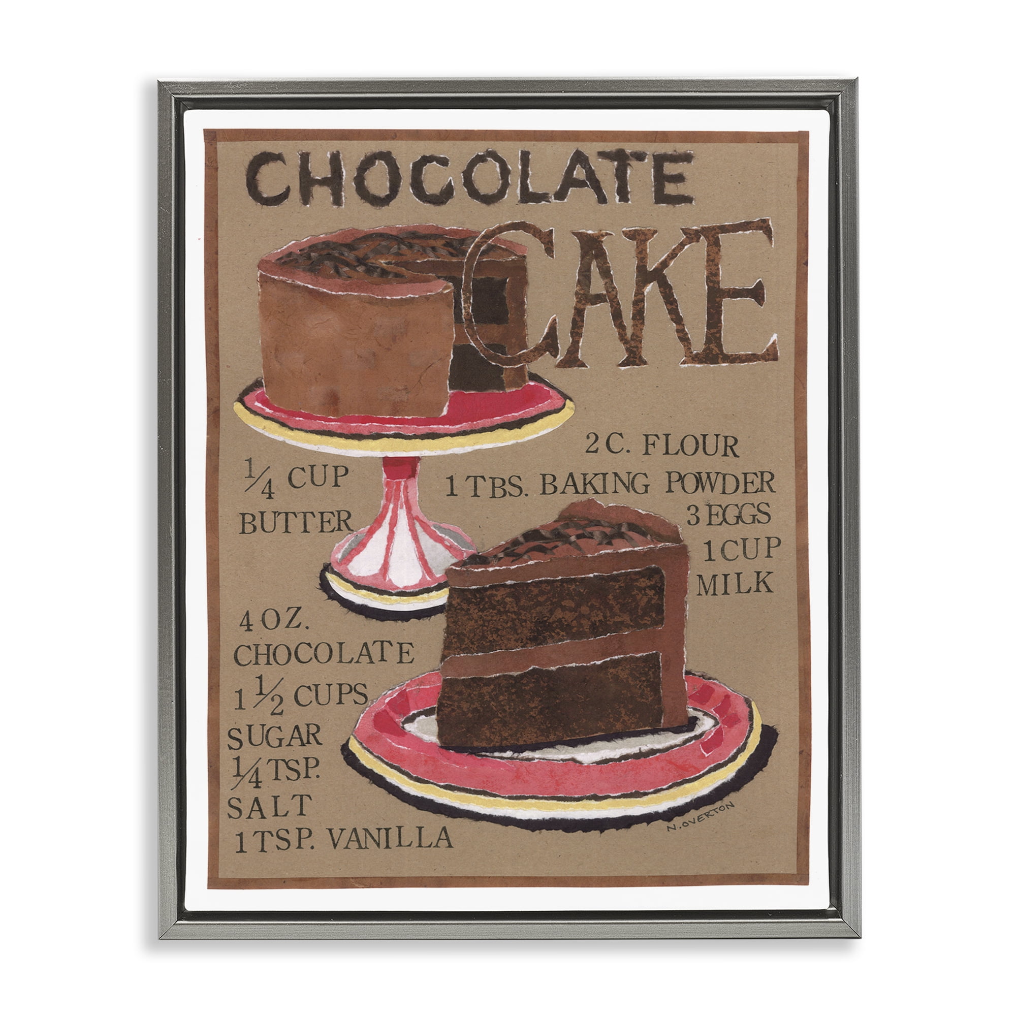 Stupell Industries Chocolate Cake Recipe Food & Beverage Painting Gray Floater Framed Art Print Wall Art, 17 x 21