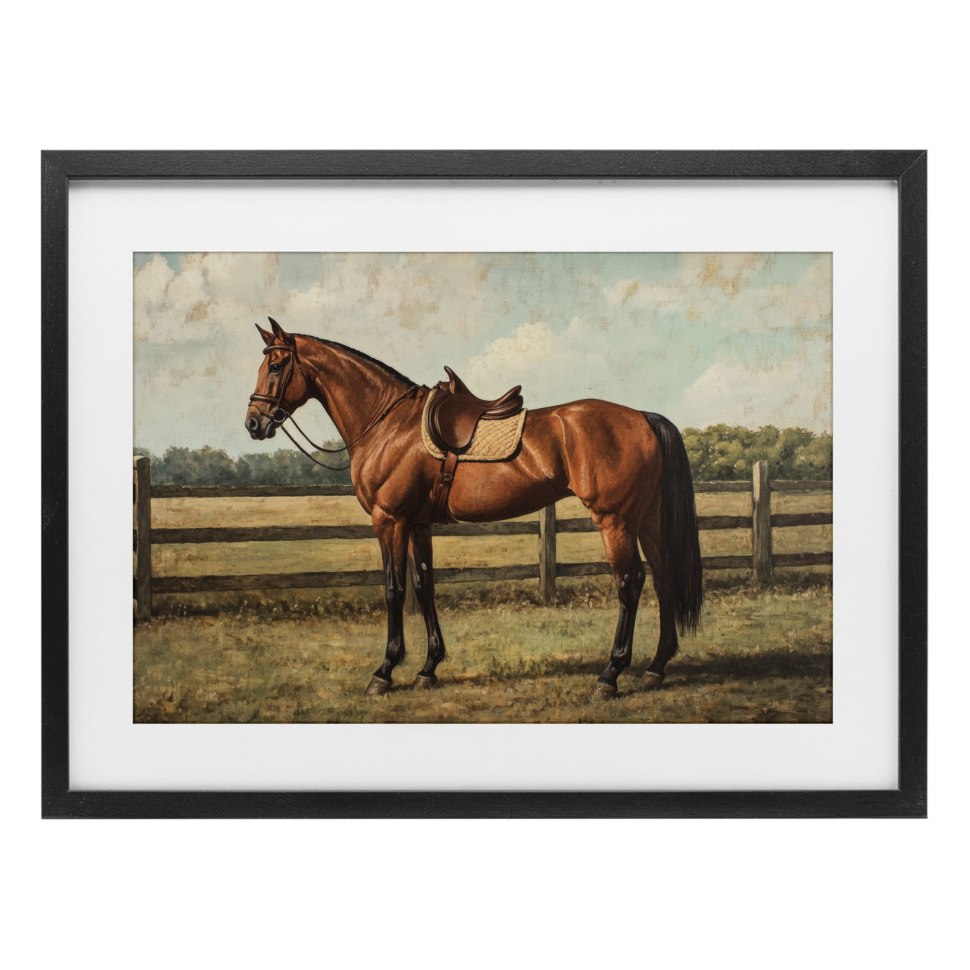 Stupell Industries Chocolate Stag Saddled in Pasture Black Framed Print Under Glass, design by Petal Prints Design