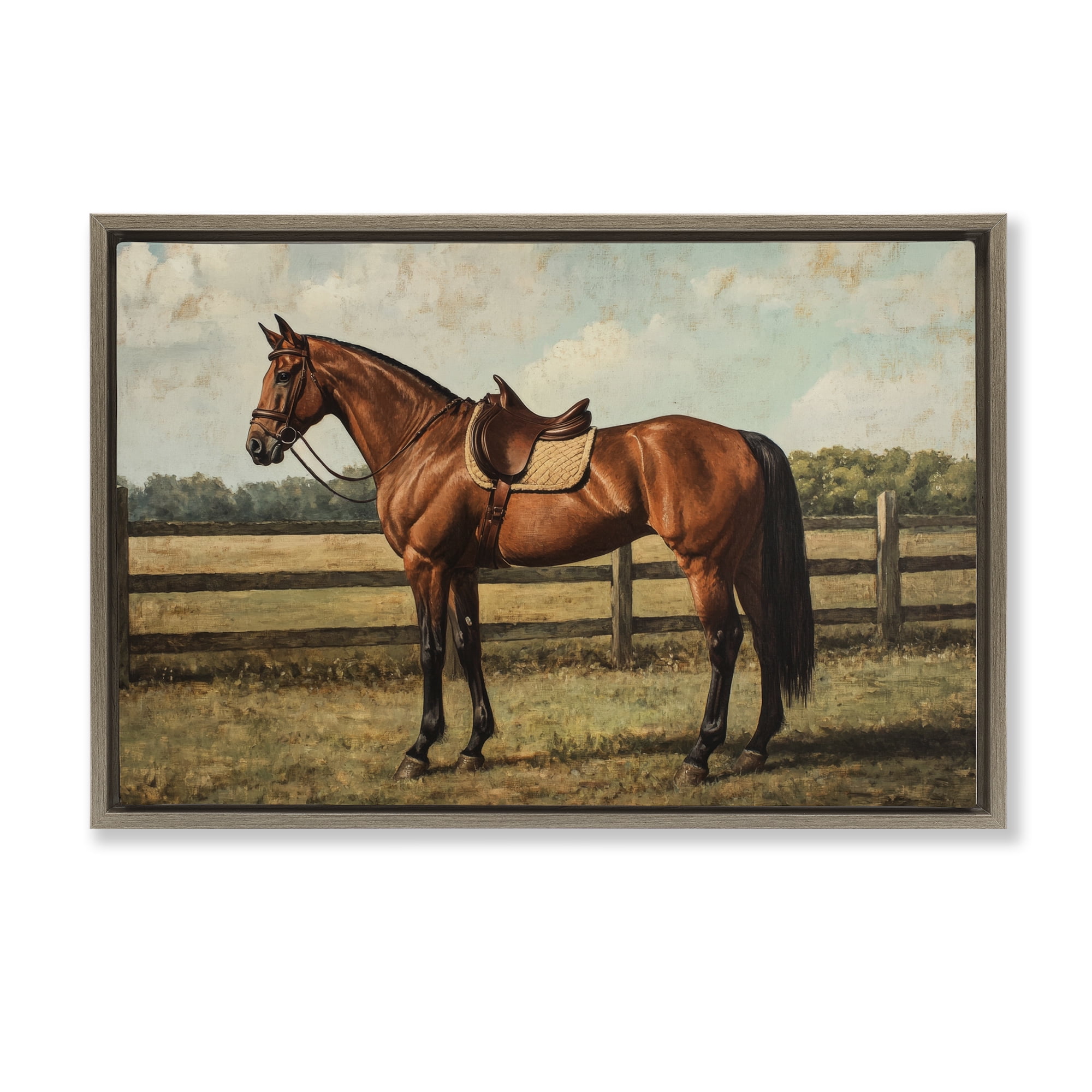 Stupell Industries Chocolate Stag Saddled in Pasture Brown Framed Floater Canvas Wall Art, design by Petal Prints Design