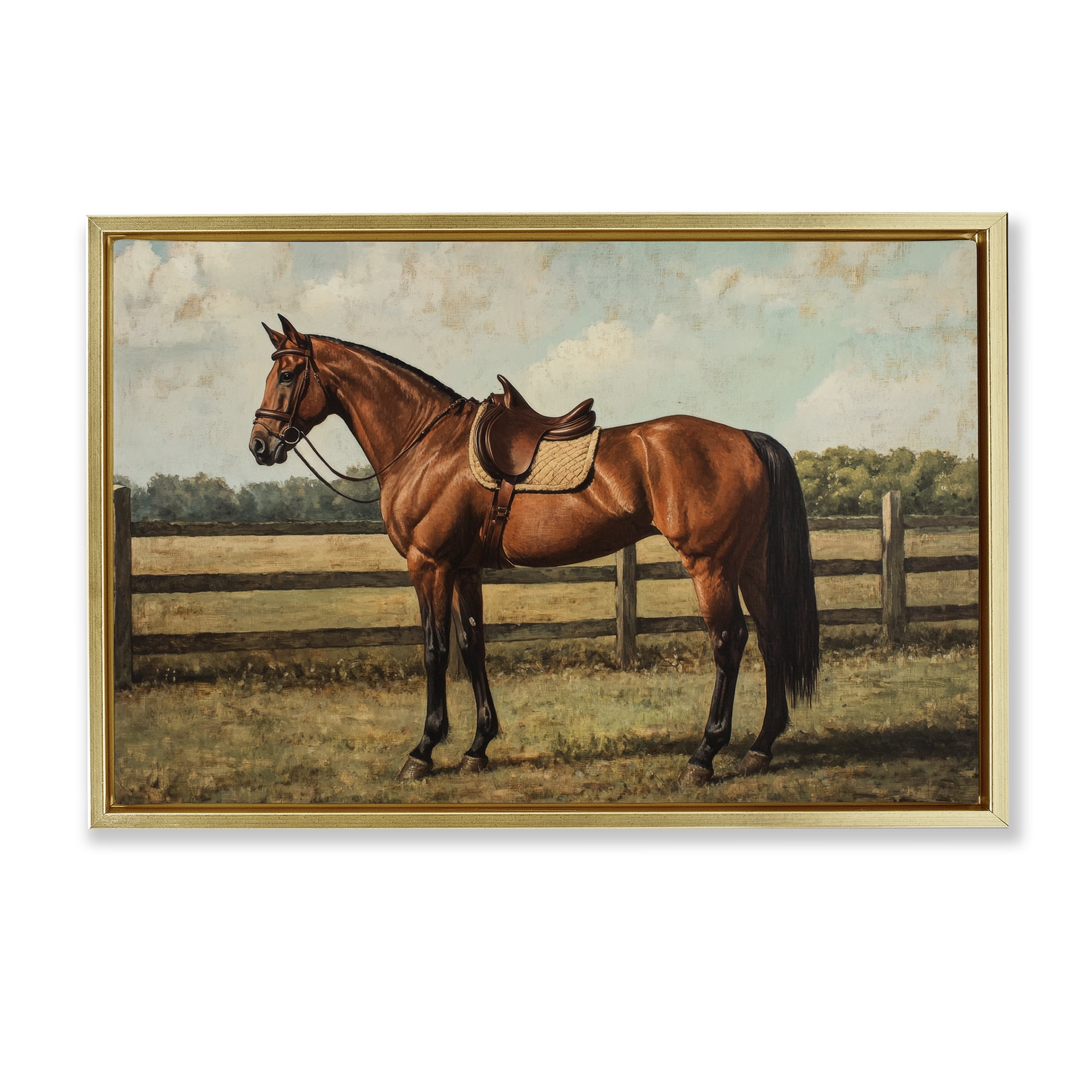 Stupell Industries Chocolate Stag Saddled in Pasture Gold Framed Floater Canvas Wall Art, design by Petal Prints Design