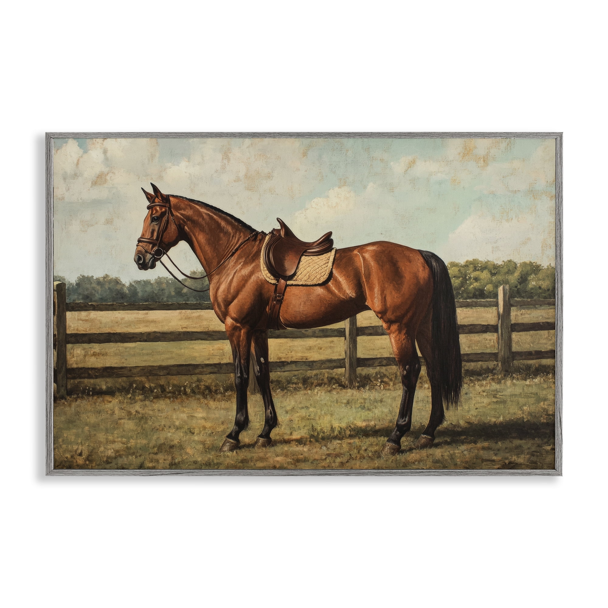 Stupell Industries Chocolate Stag Saddled in Pasture Gray Framed Giclee Art, design by Petal Prints Design