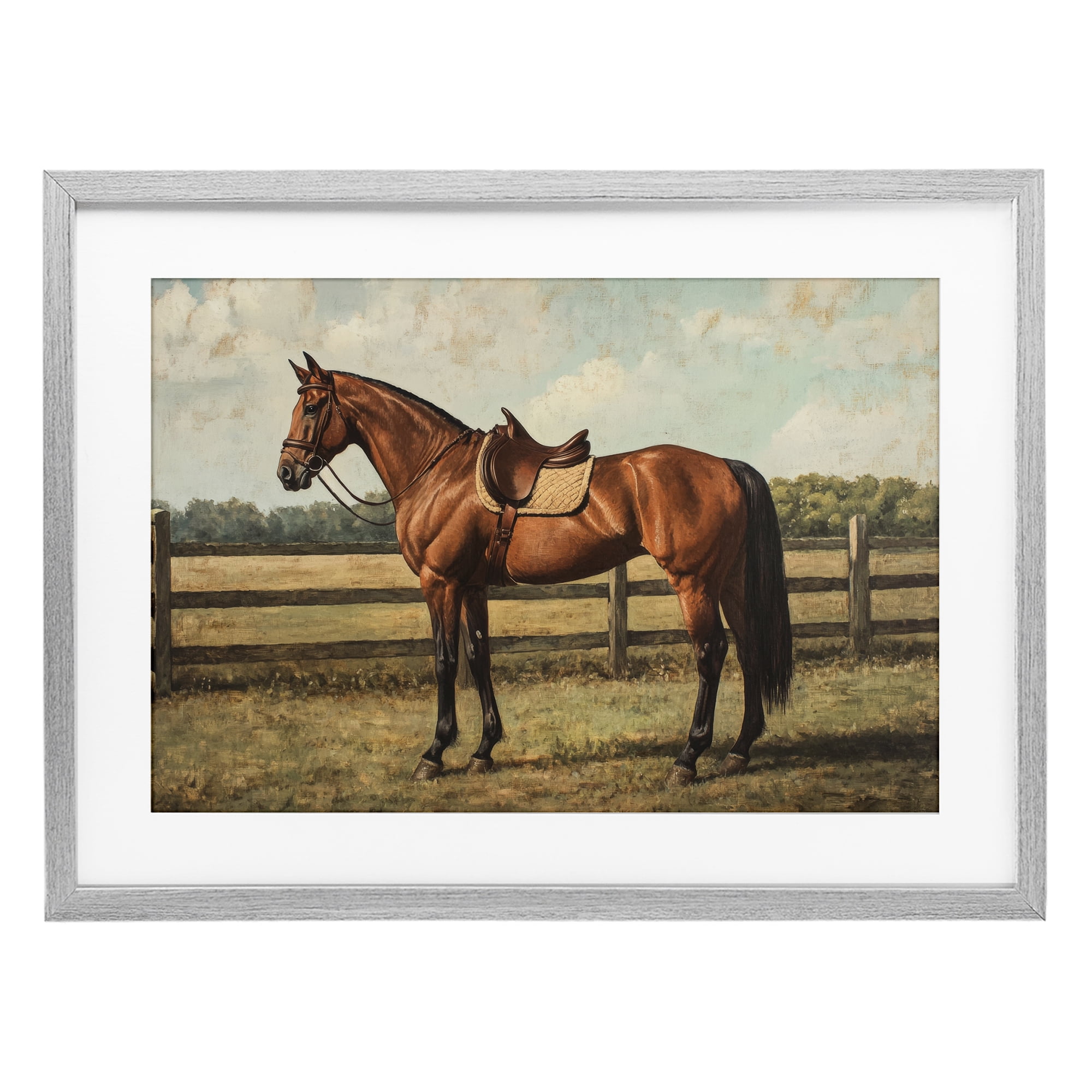 Stupell Industries Chocolate Stag Saddled in Pasture Gray Framed Print Under Glass, design by Petal Prints Design
