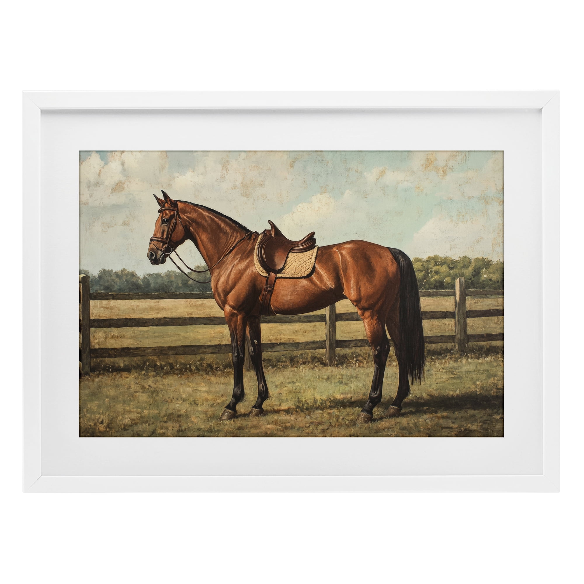 Stupell Industries Chocolate Stag Saddled in Pasture White Framed Print Under Glass, design by Petal Prints Design