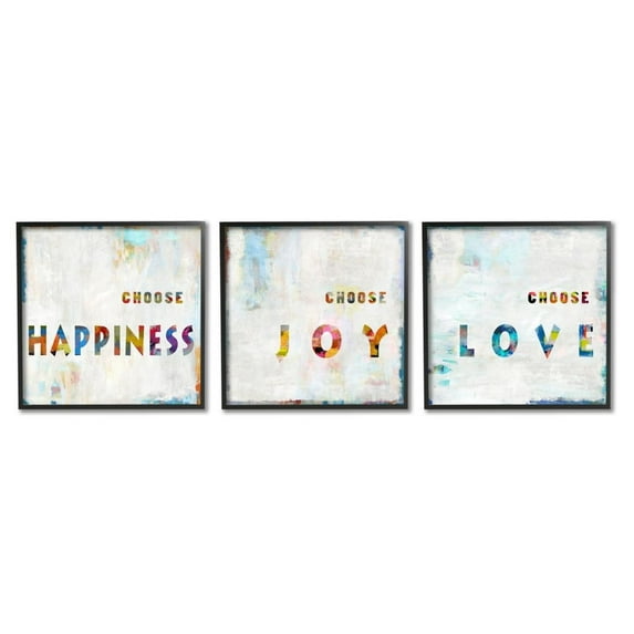 Stupell Industries Choose Happiness Joy and Love Colorful Inspirational Phrase Framed Wall Art Design by Jamie MacDowell, 3 Piece, 12" x 12", Black Framed